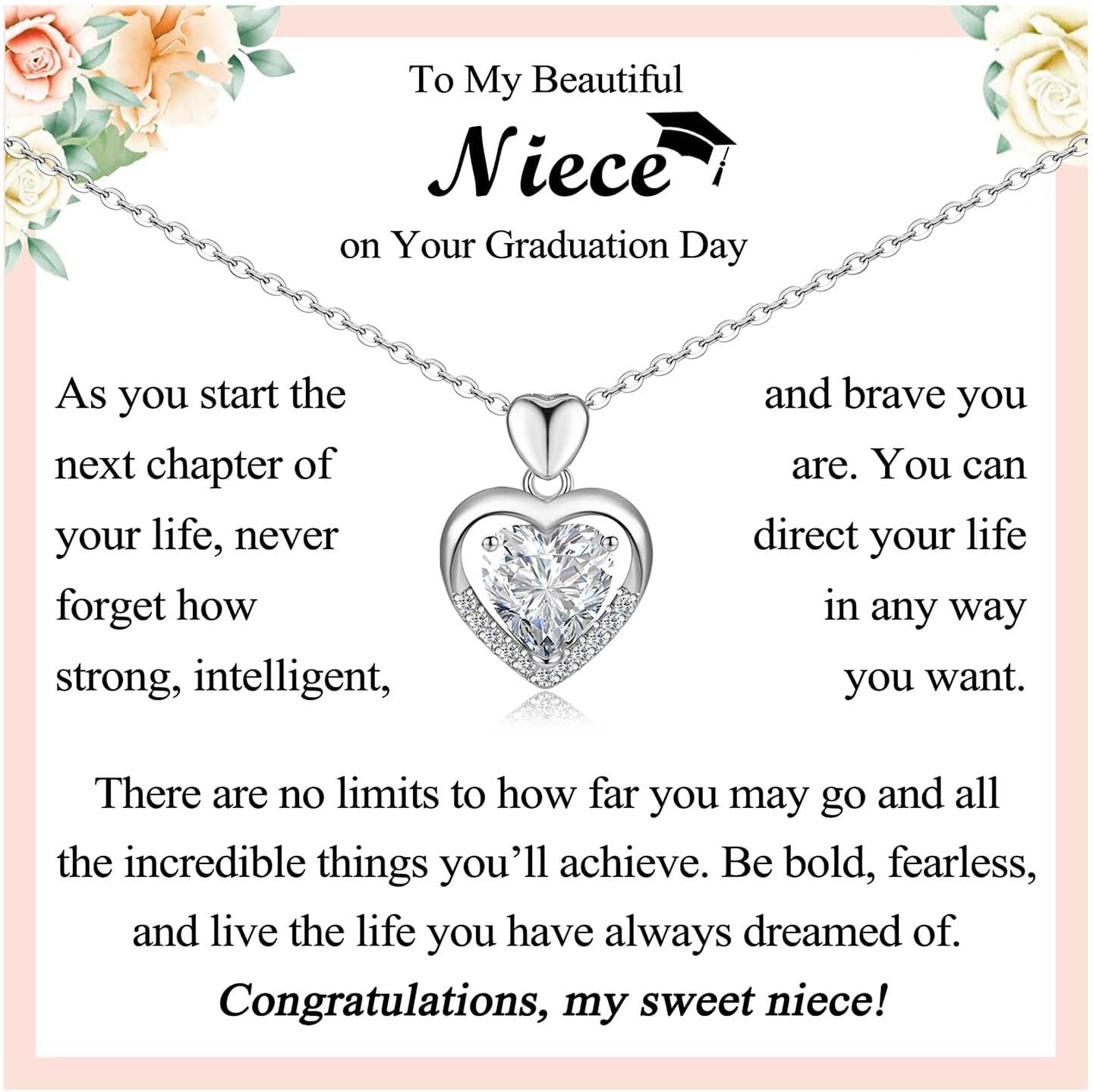 Collana Con Ciondolo Cuore Per Laurea: Regalo Per Insegnante, Figlia, Nipote - Zircone Cubico, Con Biglietto E Panno