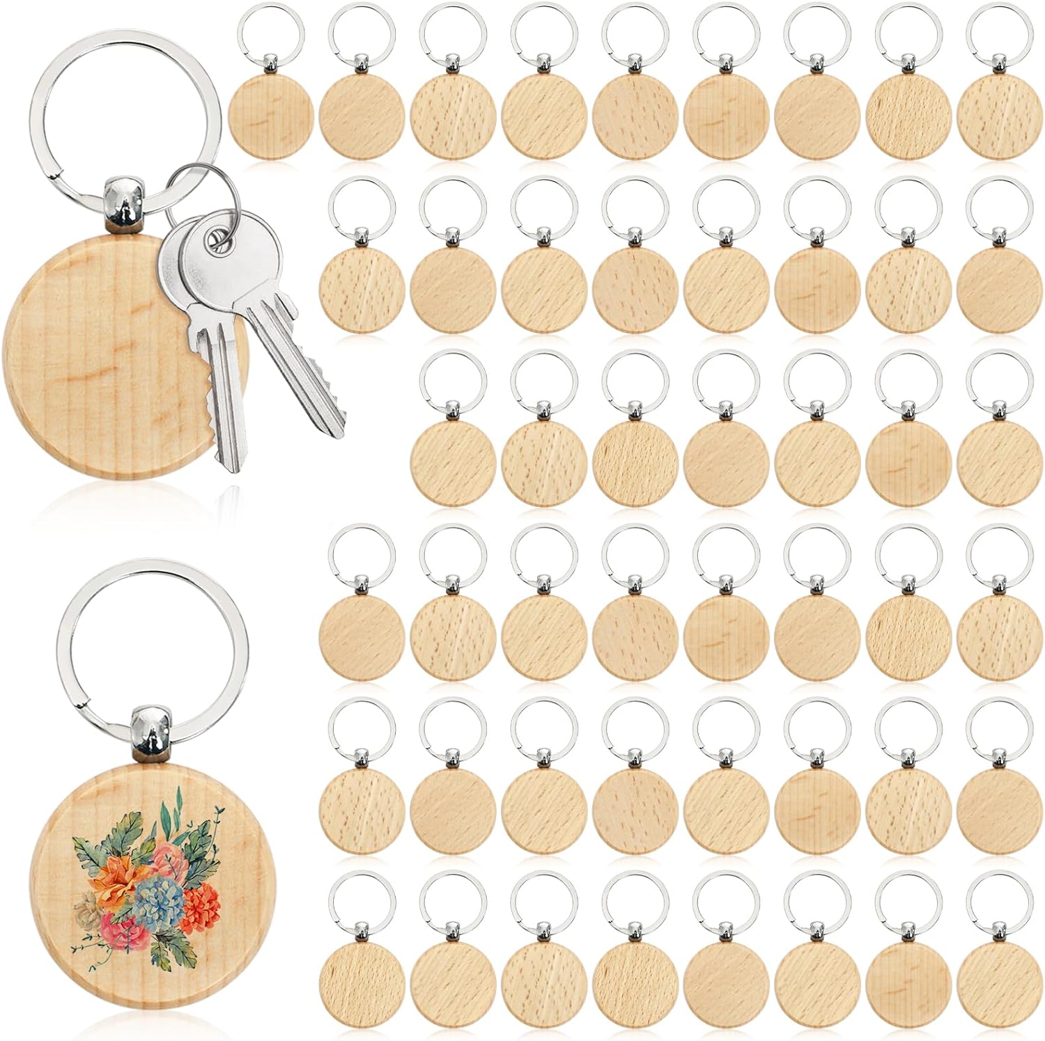 WRINGKIT 50 Pieces Round Wood Keychain Blanks, Unfinished Wood Key Chain Crafts with Rings, Laser Engraving Blanks Keychain Key Tags Sign for DIY Gift, Pet Tags, Christmas Decorations