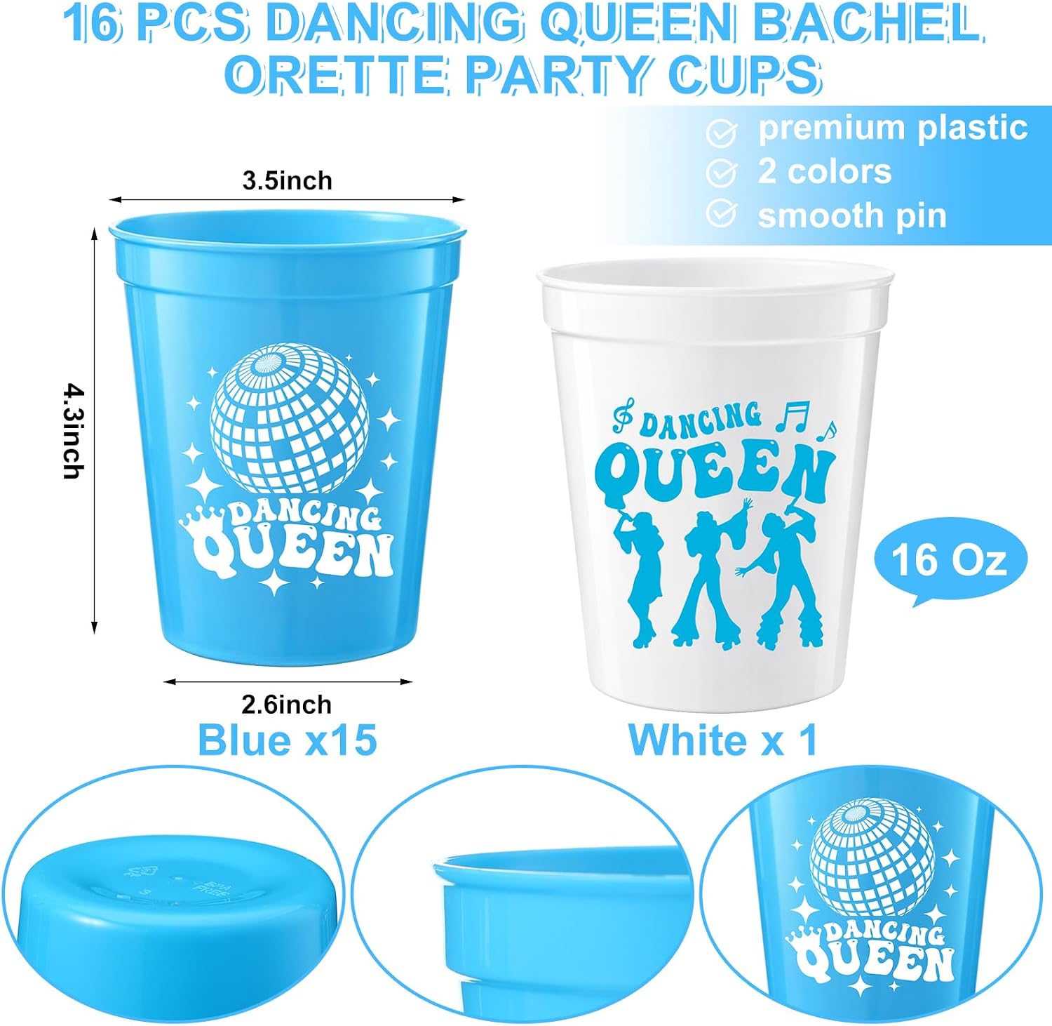 Yungyan 16 Pcs Dancing Queen Bachelorette Party Cups 16 Oz Reusable Blue White Disco Ball Bachelorette Plastic Cups for Bride Bridesmaids Bridal Shower Engagement Party Supplies Decorations