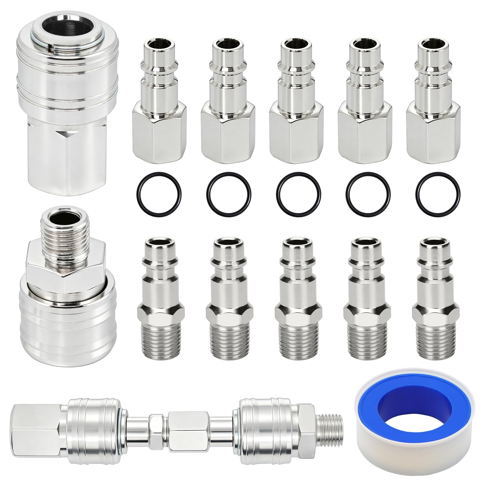 12 PcsAir Line Connectors, Euro Air Hose Connectors and Fittings, Female Male Couplings 1/4 BSP Airline Fittings, Euro Air Compressor Fittingss, Airline Coupler Plug Kit + 5 Washers, 1 Tape(Silver)