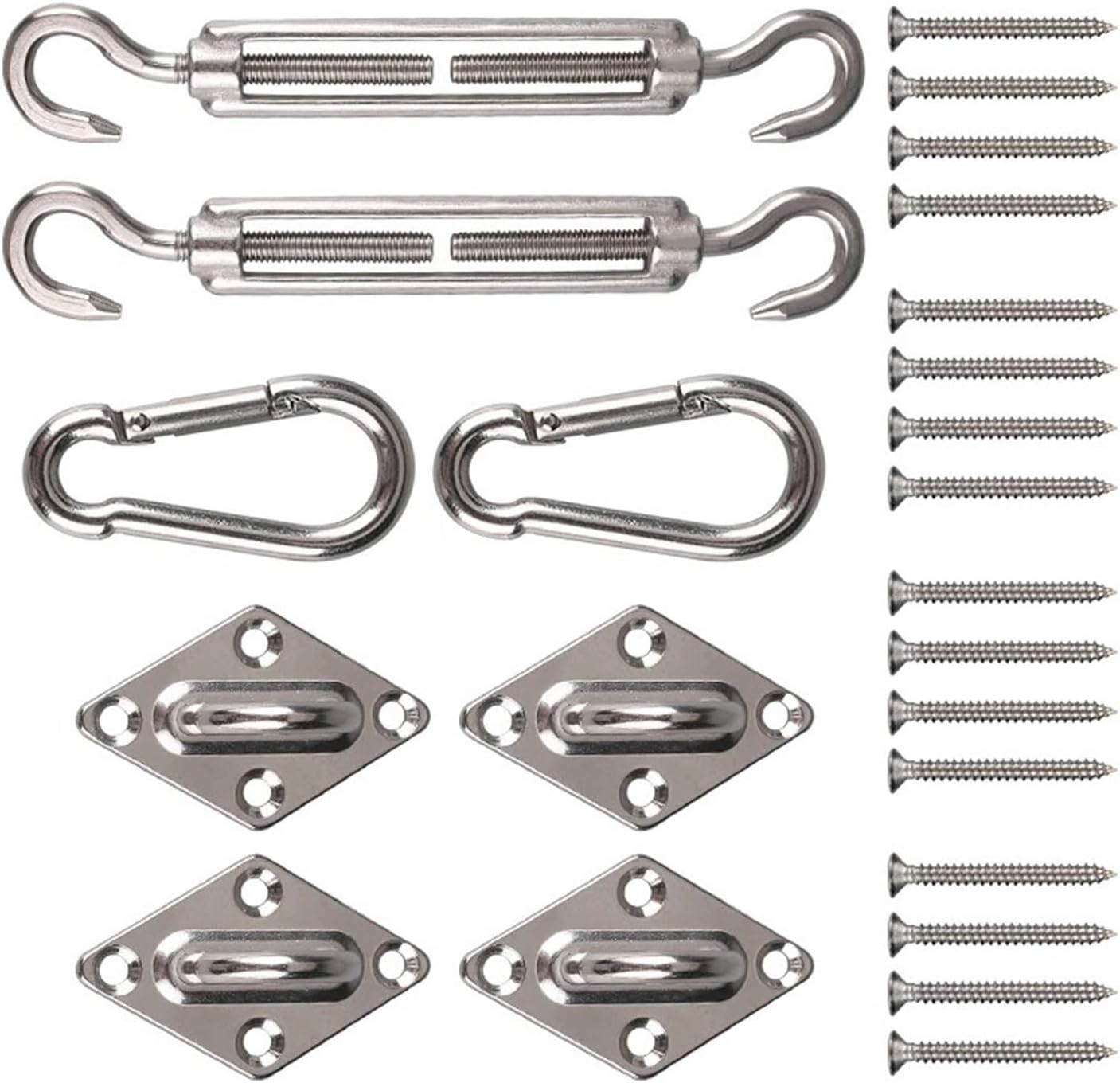 Sun Shade Sail Accessory, 304 Stainless Steel Hardware Kit, Turnbuckle Pad Eye Carabiner Clip Hook Screws, Silver, 24Pcs Set
