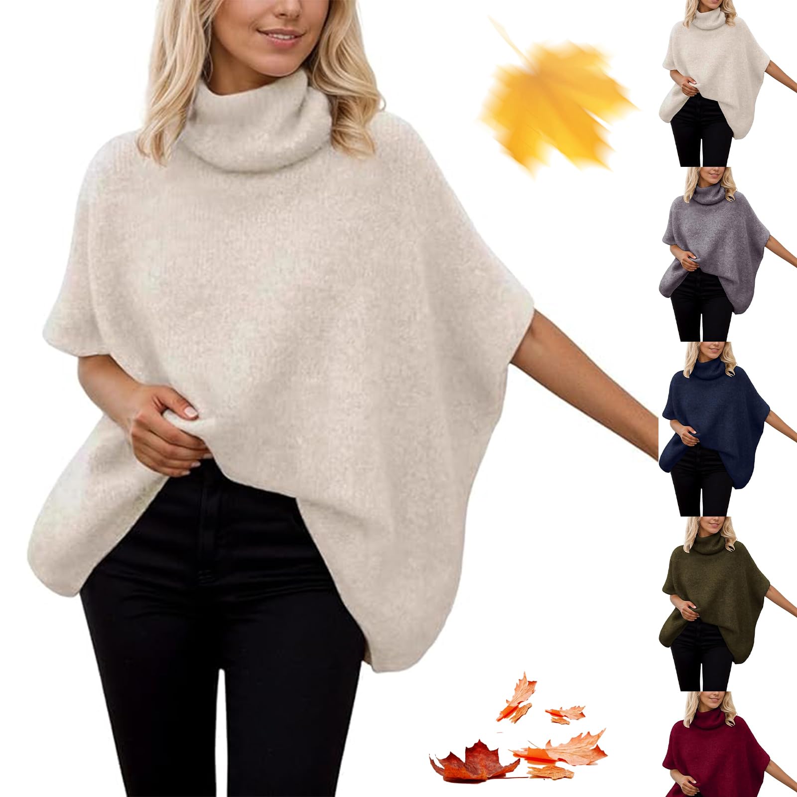 Turtleneck Poncho Sweater Women Batwing Sleeve Knitted Cape Shawls Pullover Tops Soild Color Soft Oversized Sweaters
