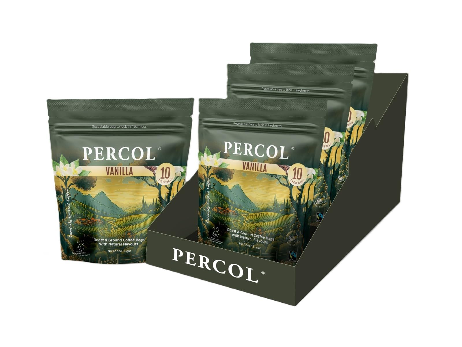 Percol Vanilla Flavoured Ground Coffee Bags – 30 Cups (30 x 8g Bags) – Pack of 3 | Smooth & Aromatic