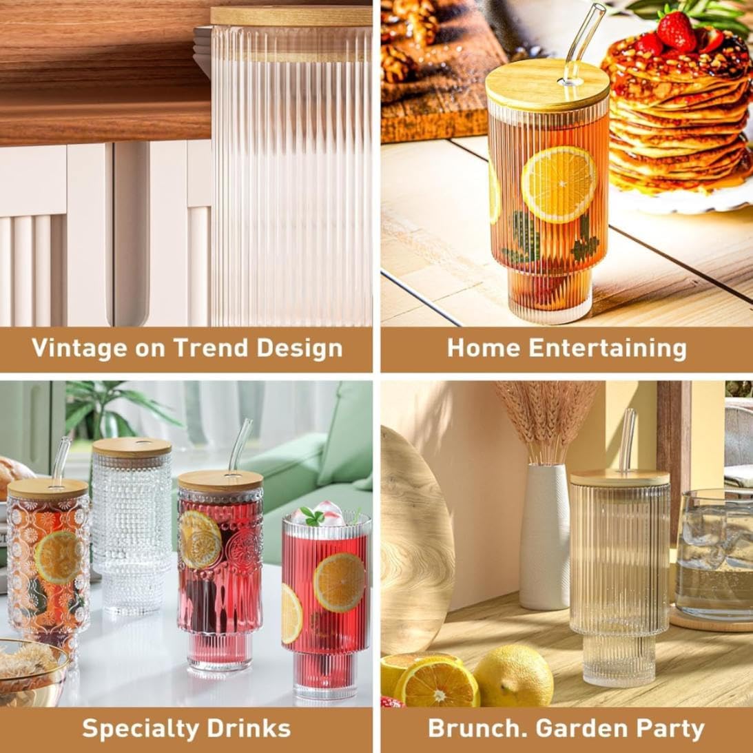 VILON Drinking Glass Can Wooden Lid Sipper Mason Jar for Mojito Ice Tea Juice Travel Mug with Straw | 350ml (350, Ribbed BB LID Sipper with Straw, 1, Sipper) 3