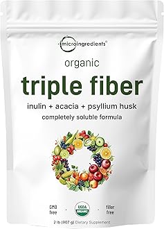 Organic Triple Soluble Fiber Powder (Inulin, Acacia, Psyllium Husk), Prebiotics Supplement for Digestive Health, 2 Pounds (32 Ounce), All Natural, Water Soluble and Taste Free, Vegan Friendly