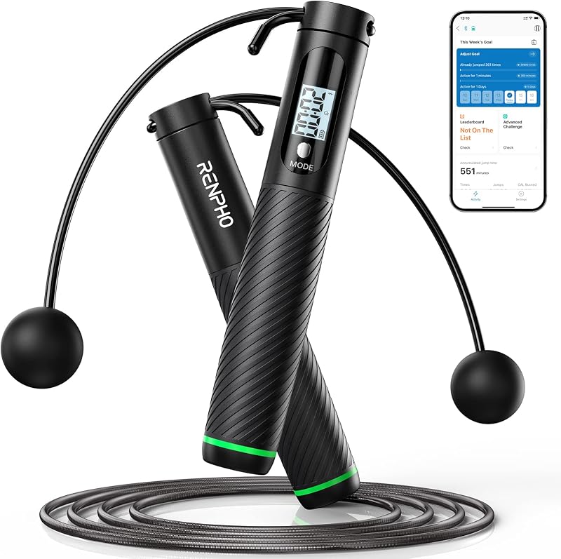 RENPHO Okos Ugrókötél Számláló Funkcióval, Állítható Fitness Kötél App Elemzéssel - Cordless Ball - fekete
