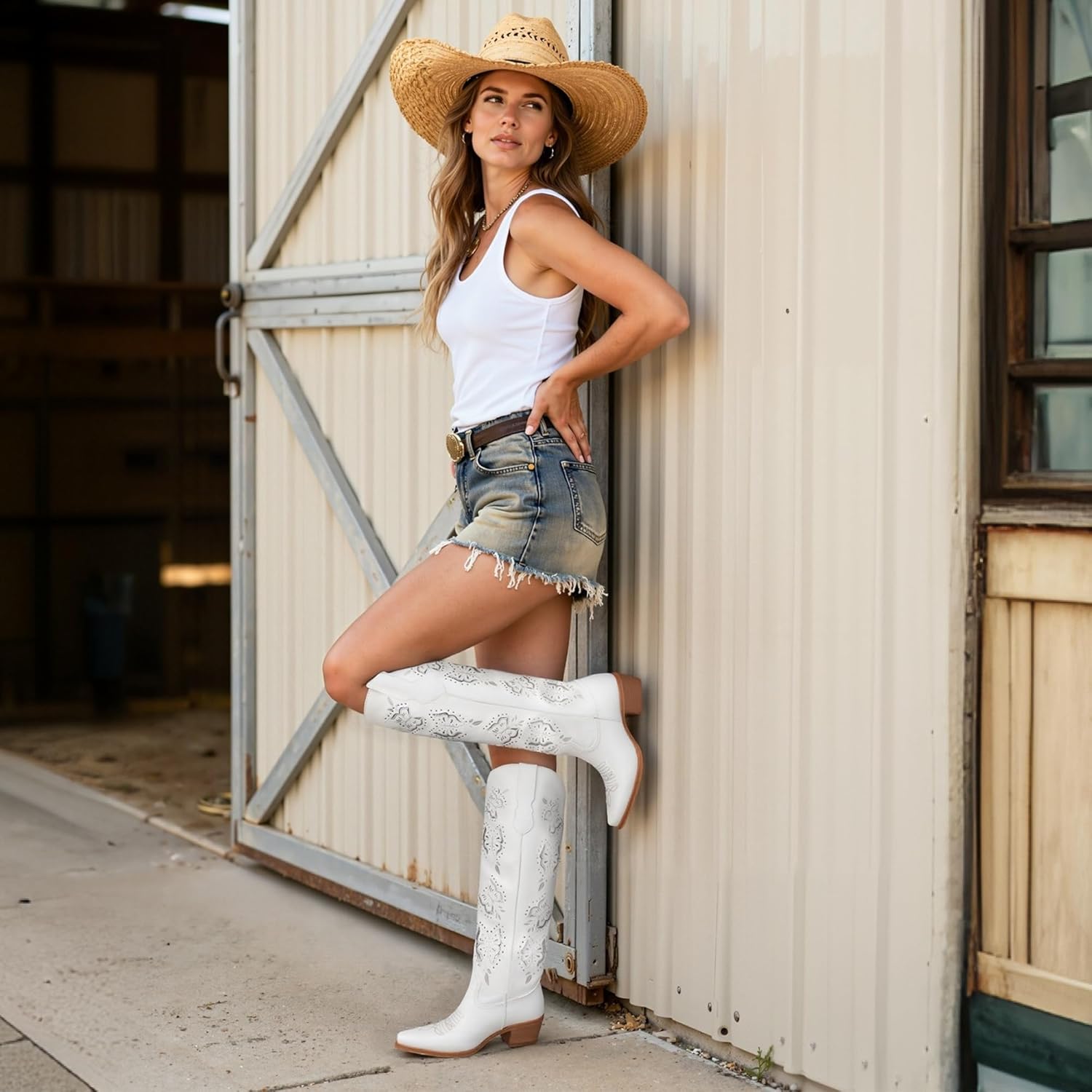 Cowboy Boots for Women Rhinestone Butterfly Embroidered Cowgirl Boots Chunky Heel Slip On Knee High Western Boots - Image 2