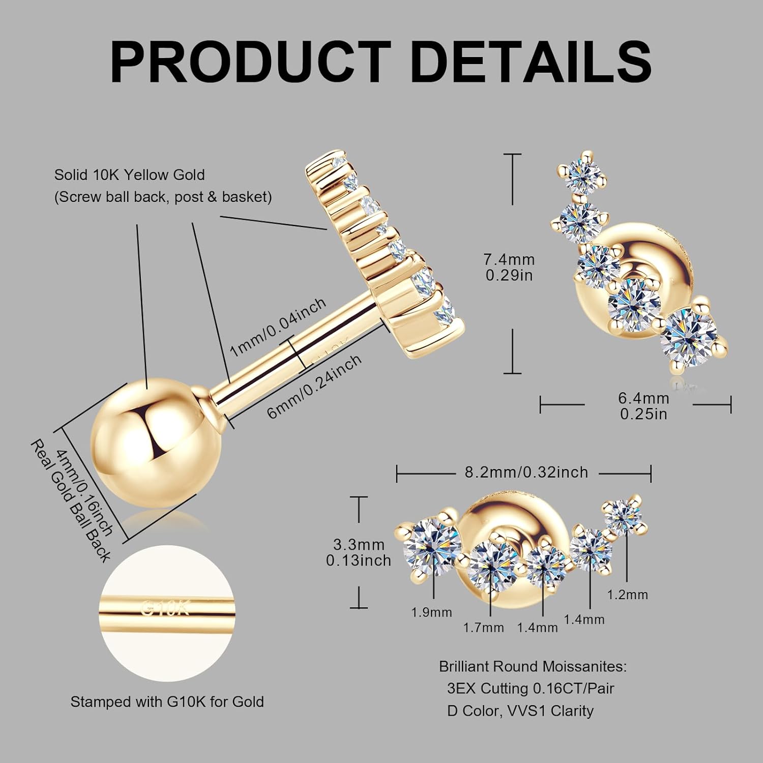 Solid 10K Yellow Gold Ball Stud Earrings, Tiny Moissanite Earrings Real 10K Gold Dainty Screw Ball Back Small Studs Dangle Earring for Womem Men, Cartilage Helix Tragus Piercing Jewelry Gifts, 1 Pair