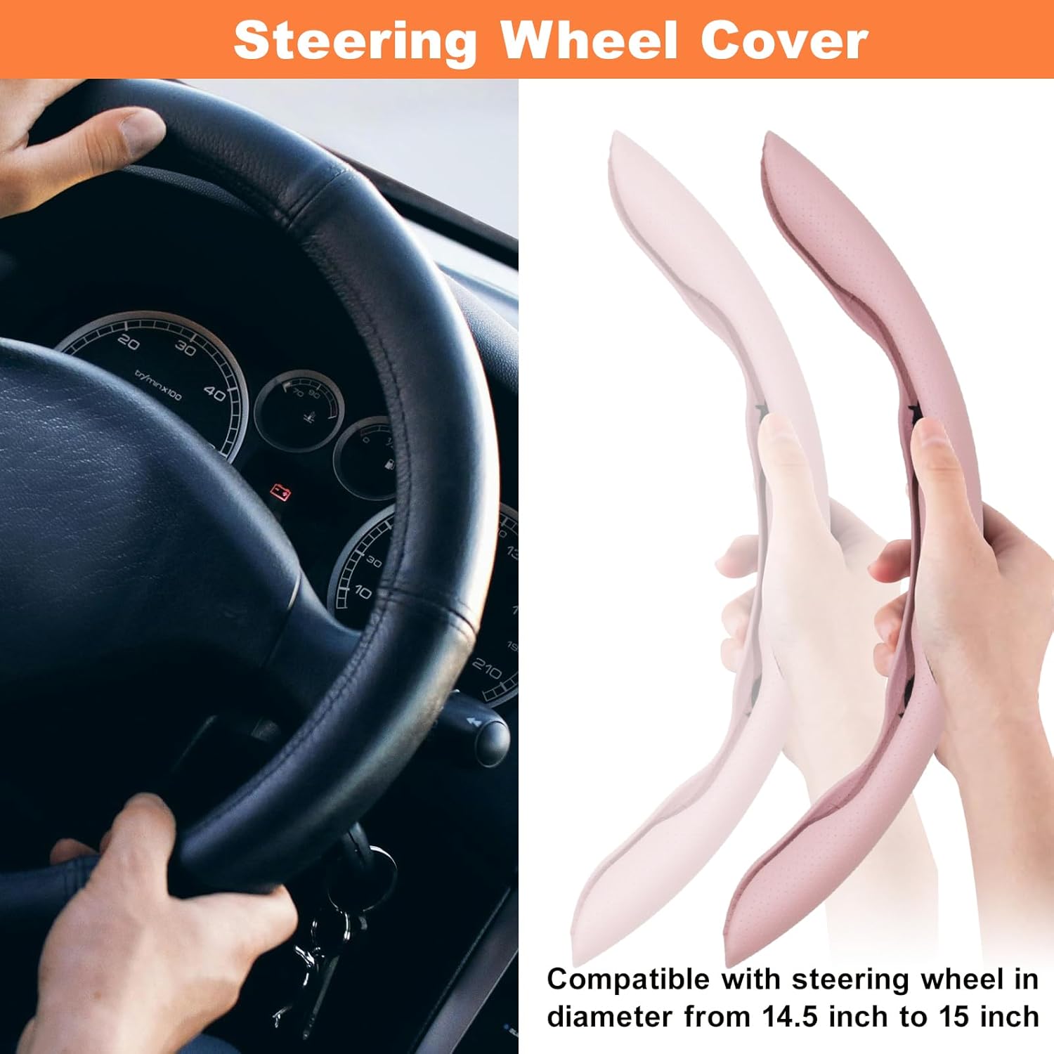 3pcs Nappa Leather Steering Wheel Cover - Snap on 15 Inch Anti-Slip Car Steering Wheel Protector, Universal Car Interior Accessories (Pink) - Image 4