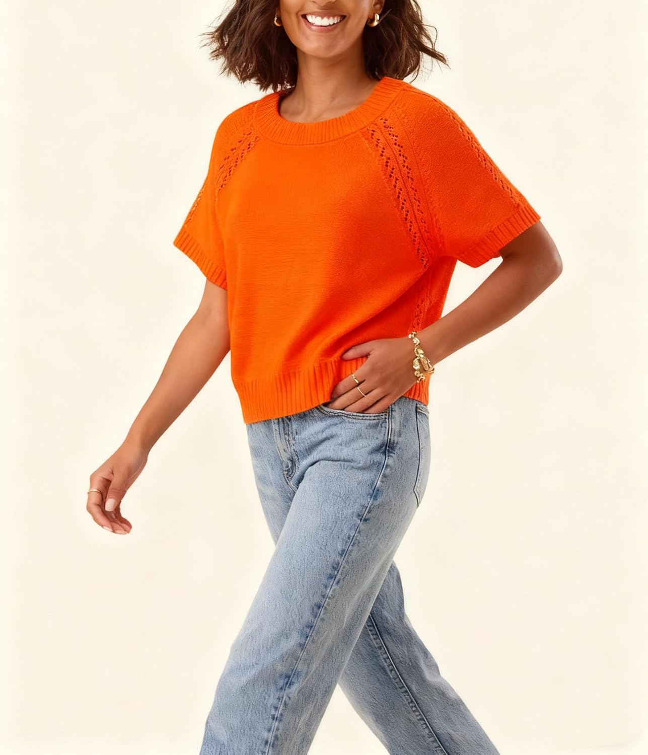 Yeokou Women Knit Crochet Top Short Sleeve Crew Neck Loose Fit Pullover Sweater Summer Fall Fashion Casual Knitted Blouse - Image 7