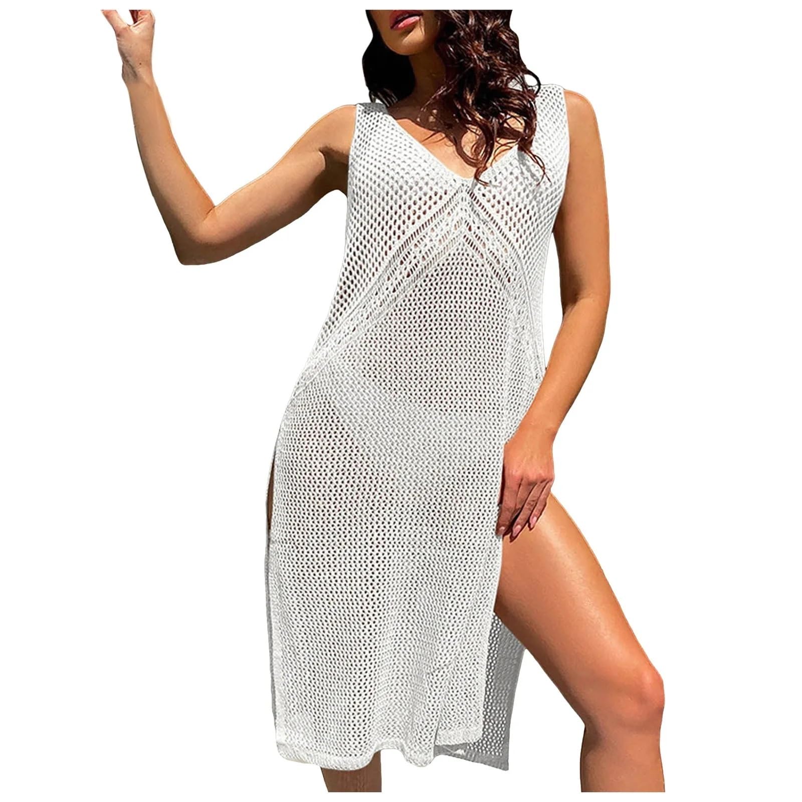 Copri Costume Mare Donna Copricostume da bagno bikini senza maniche, traforato, lungo, in rete, da spiaggia, da donna
