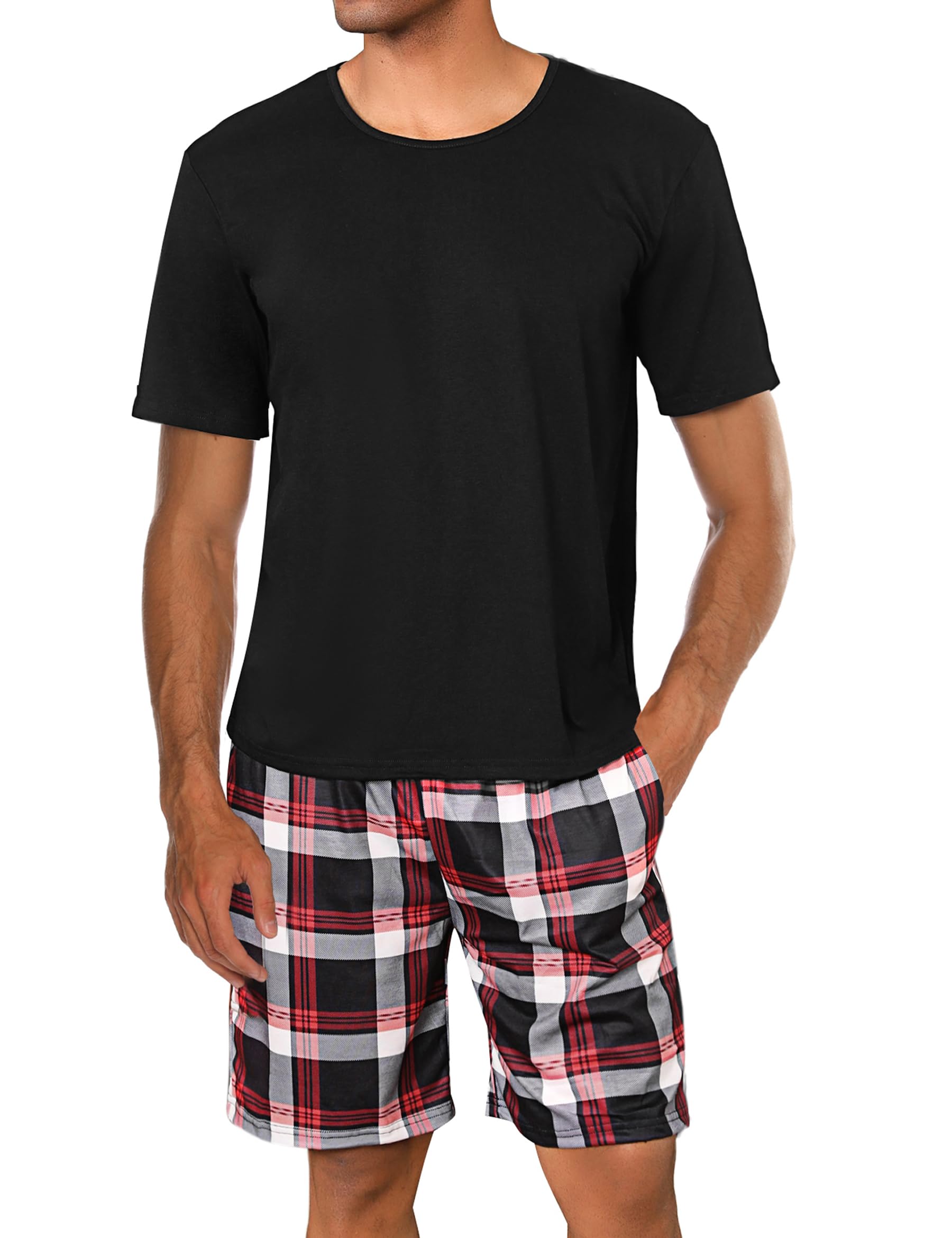 Uniexcosm Pijama Hombre Corto, Pijamas Cuadros Hombre Pijama Algodón Hombre Cómodo Pijamas 2 Piezas Hombre de Cuello Redondo Ropa de Dormir para Hombre con Bolsillo para Hogar