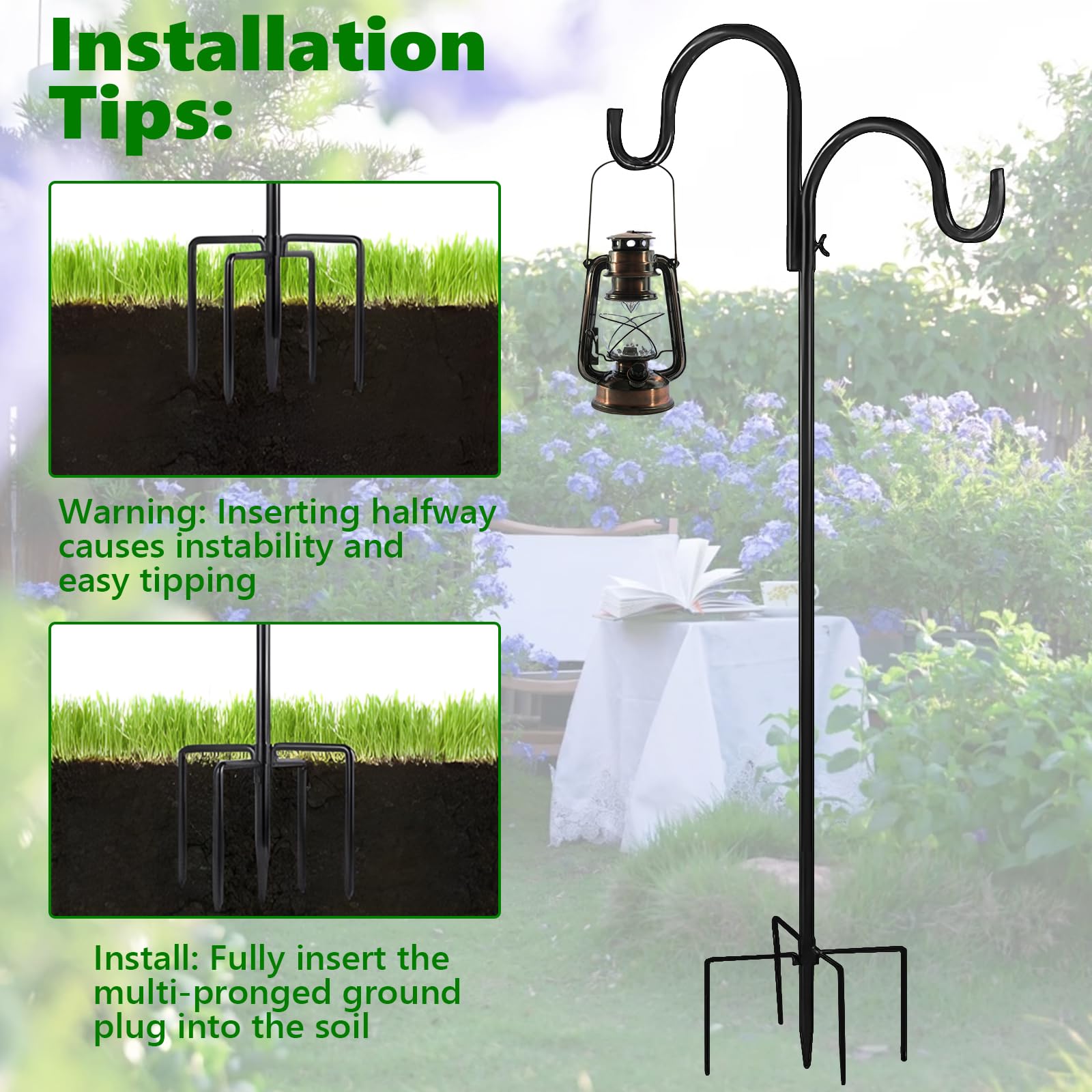 Schäferhaken für Vogelhäuschen 193cm, Dicke Metall Gartenstab mit Haken, Outdoor Abnehmbarer Hirtenstab für mit 5-Zinken-Basis, für Laternen, Pflanzen, Aufhänger, Vögel, Gartenhängepfahl Futterspender