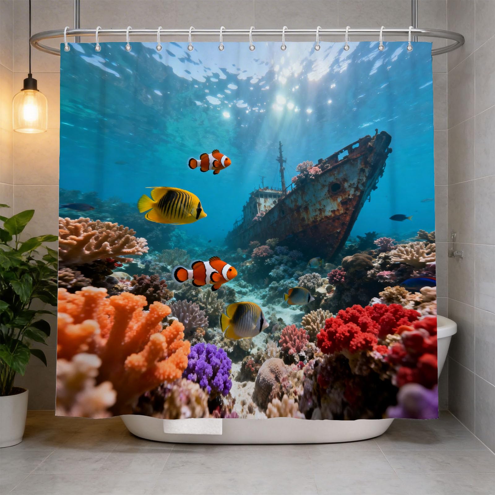 Hongduo 3D Clown Fish Shower Curtain for Stalls Bathtubs Coral Reef Bathroom Decor Shower Curtain Set Polyester Fabric Waterproof 200x200cm/79X79 Inch with Hooks