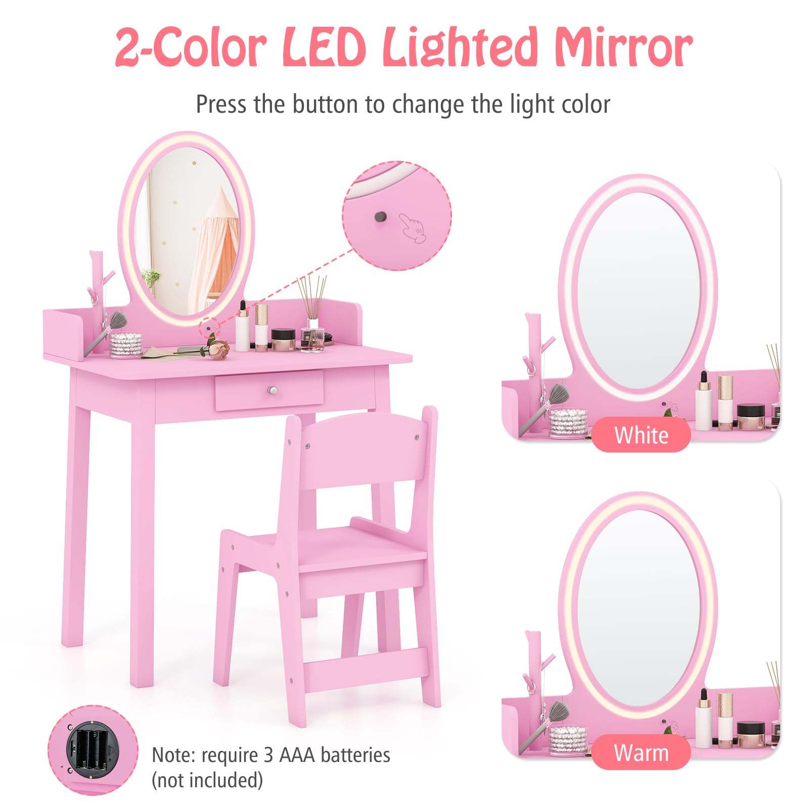 LIFEZEAL Juego de Tocador Infantil con Luz Led, Tocador para Niña con Espejo Extraíble, Conjunto de Escritorio con Silla para Niños de 3-8 años (Rosa)