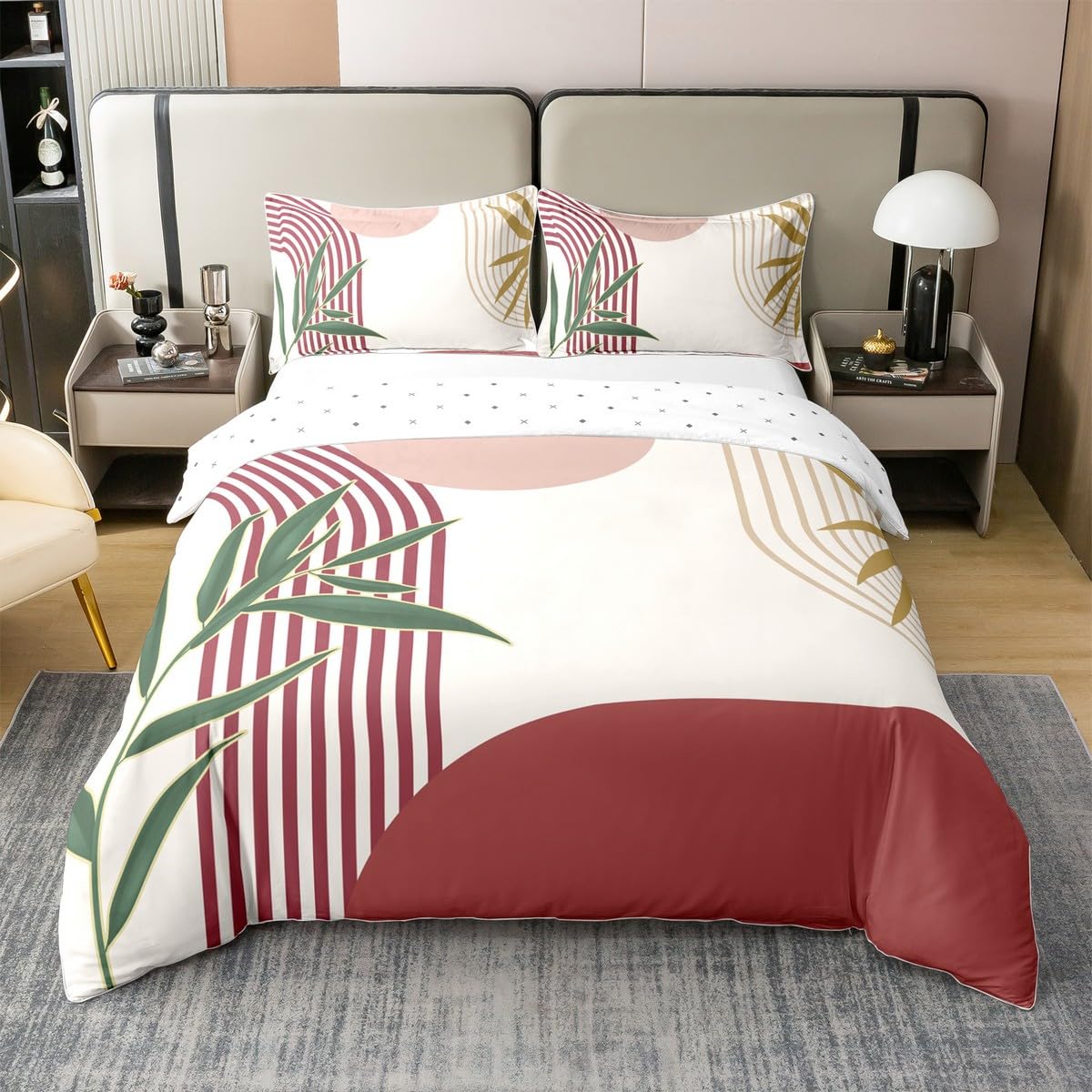 Homewish Boho geometryczne liście bawełniana poszewka na kołdrę podwójna dla dzieci chłopców dziewcząt, czerwona różowa złota zielona poszewka na kołdrę, sztuka abstrakcyjna, zestaw pościeli retro z