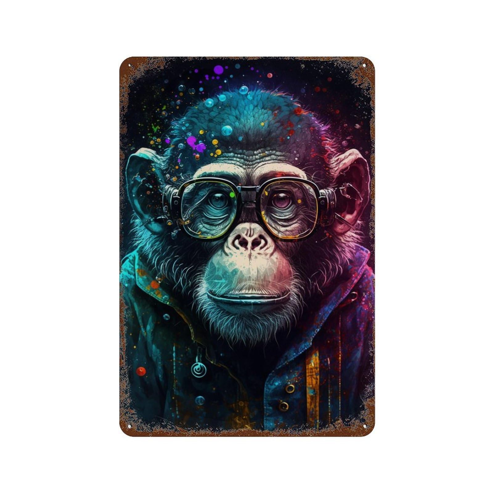 Rust Effect Colorful Chimpanzee Art Print Rustic Tin Plaque 11.8"x7.9", Decorative Metal Wall Art for Farmhouse, Kitchen And Entryway Decor