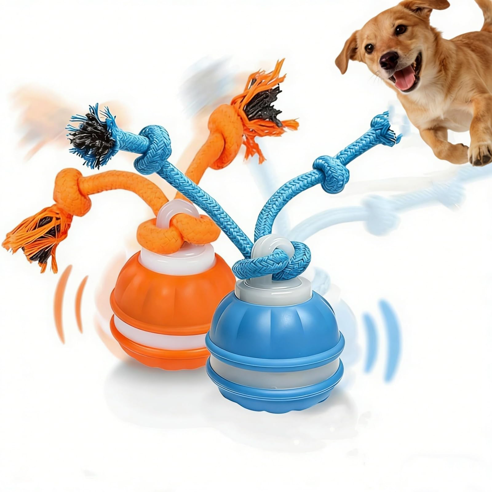 Interactive Dog Toys, Motion-Activated Interactive Dog Toy with Bird Chirping Sounds, Smart Automatic Active Rolling Ball with Chew Ropes for Small Medium Large Dogs (Blue + Orange)