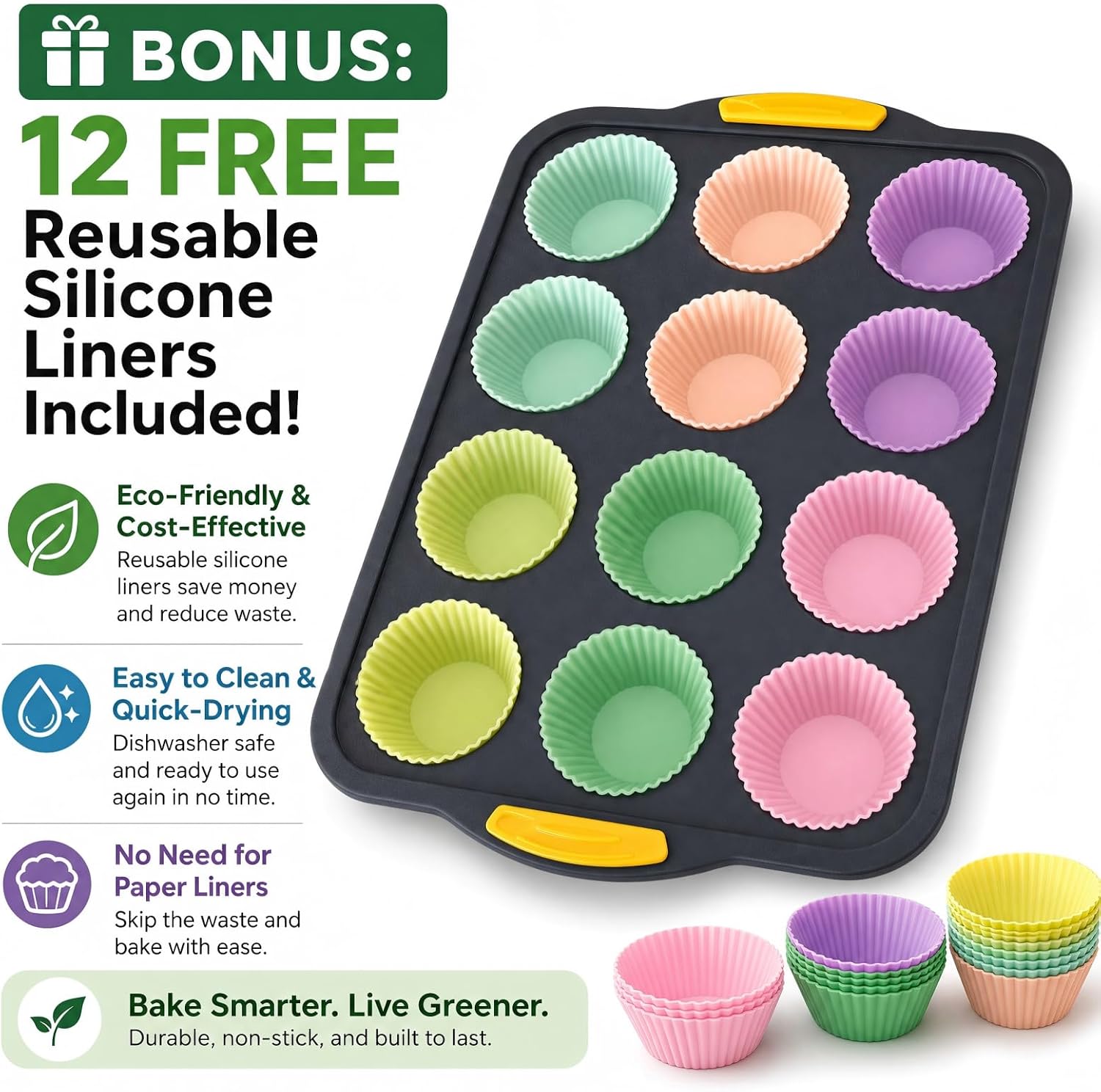 Silicone Muffin Pan 12 Cup with Reinforced Steel Frame, Non-Stick Egg Bite Molds & Cupcake Tray for Baking, 12 Colorful Reusable Silicone Liners Included, Easy Pop Out, BPA Free (1 Pack)