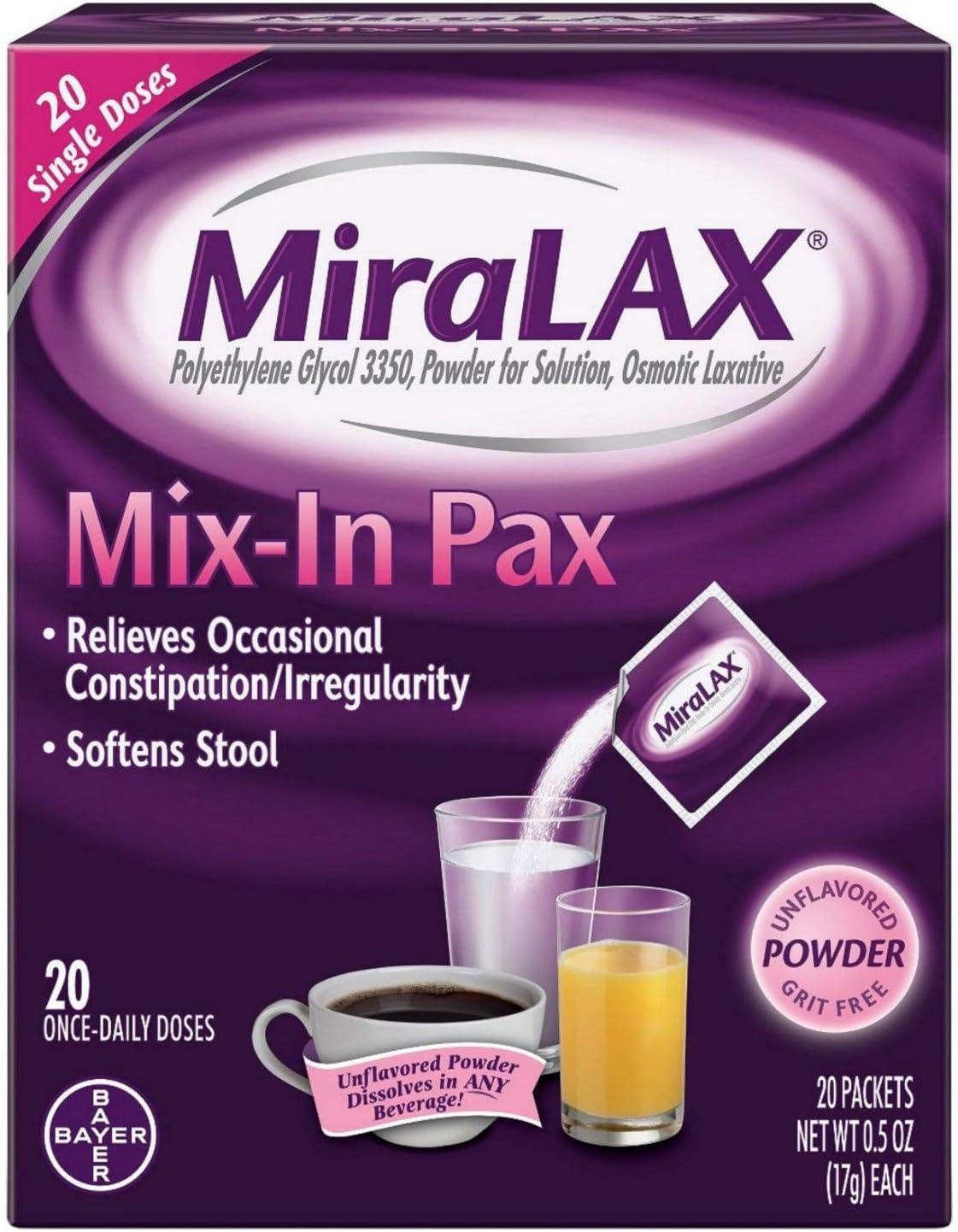 Mix-In Polyethylene Glycol 3350 Powder Laxative, 20 Single Doses