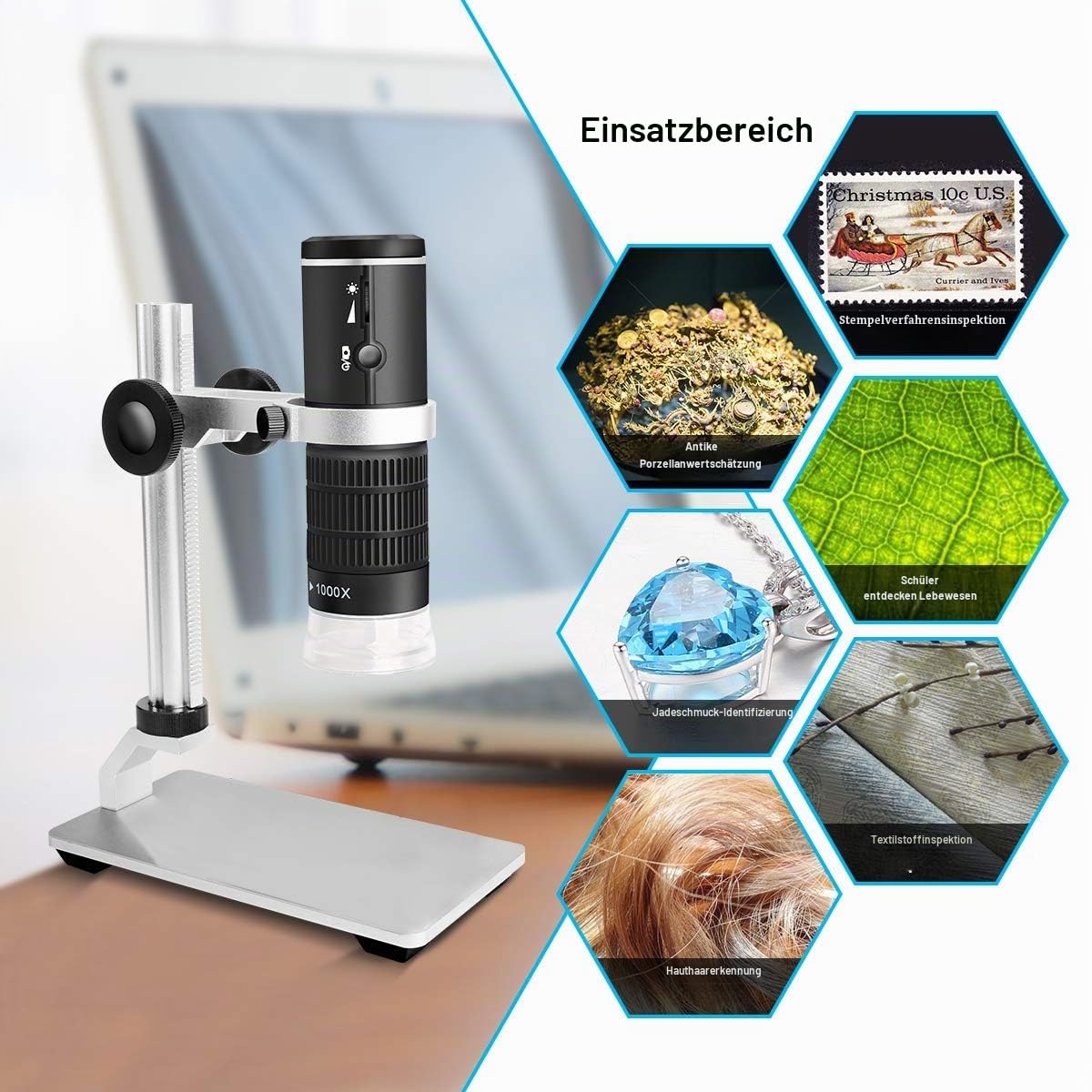 WiFi Digital Mikroskop für iPhone Android Phone Mac Windows HD 1080P Videoaufzeichnung 50x-1000x fache Vergrößerung Drahtloses tragbares Mikroskop mit Metallständer und Tragetasche