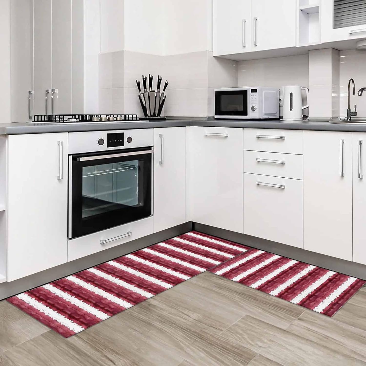 Kitchen Mats for Floor Dark Red White Abstract Stripe Washable Non Slip Kitchen Rugs 2PCS, Color Gradient Line Art Absorbent Standing Mats for Sink Bathroom Office Living Room 15.7x23.6in+15.7x47.2in