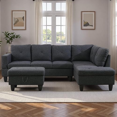 Sectional Couch 3 Pieces Sofa Set, L-Shaped Modular Couches for Living Room, Furniture Sets with Lounge Chaise & Storage Ottoman, Multi-Scene Use for Apartment & Office, Black Grey