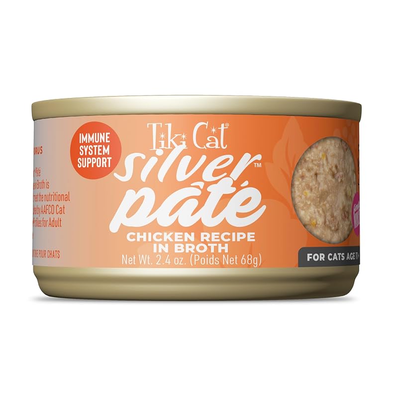 Ração úmida para gatos idosos Tiki Cat Silver patê de frango em caldo, pacote com 12 latas de aproximadamente 67 g