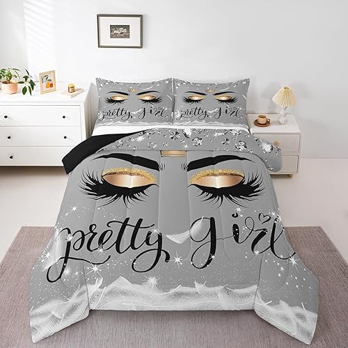 Erosebridal Juego de edredón de pestañas tamaño King, ropa de cama de unicornio femenino con pestañas para niñas y mujeres, elegante edredón