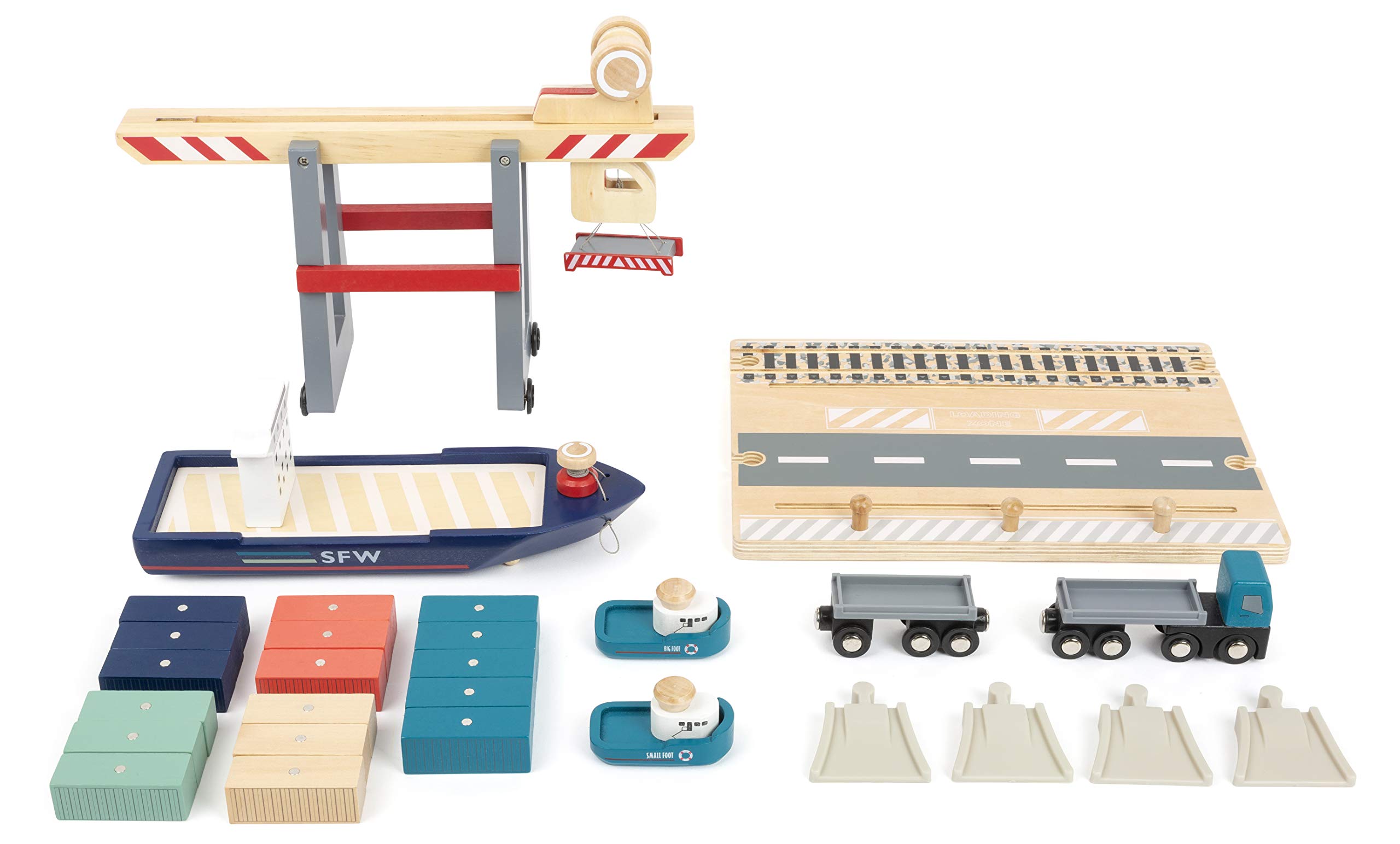 Small Foot Company- Terminal, Madera, con Puente móvil, Barco y contenedores, a Partir de 3 años de Edad Juguetes, Multicolor (11378)