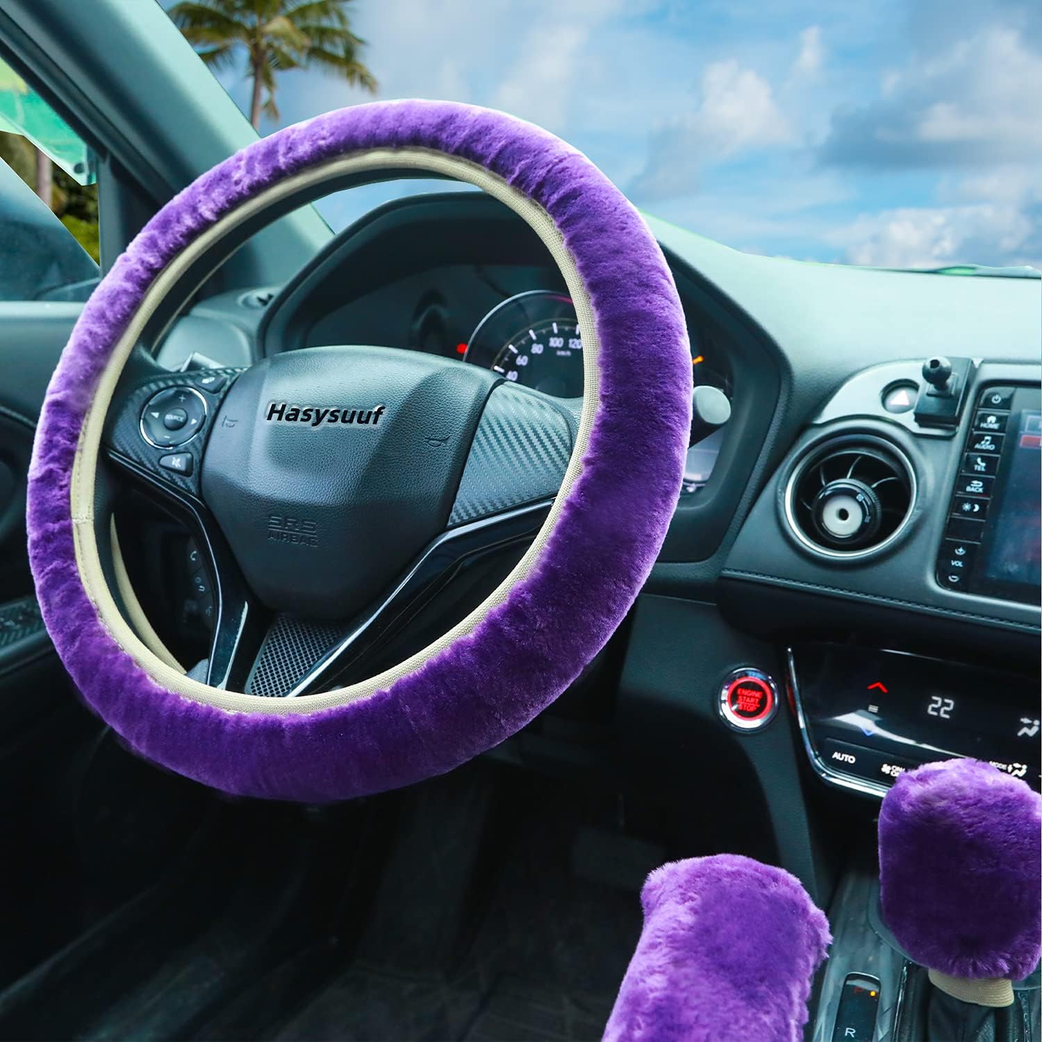 Fluffy Steering Wheel Cover with Handbrake Cover & Gear Shift Cover Fur Steering Wheel Cover for Women Plush Car Wheel Cover Faux Wool Universal Fit 15 Inch 3 Pcs Set(Purple)