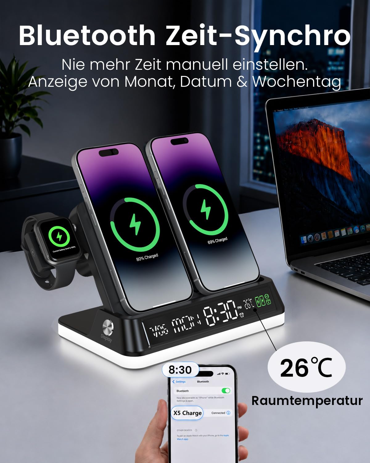 Goldjoy 7 in 1 Induktive Ladestation mit Uhr Sunset Nachtlicht Thermometer