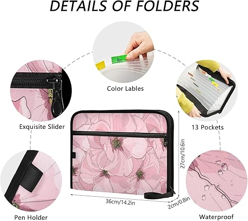 Miniatura 3 de ALAZA Carpeta de archivo expandible con flores rosas, 13 bolsillos, organizador de documentos expandible con cierre de cremallera para oficina en