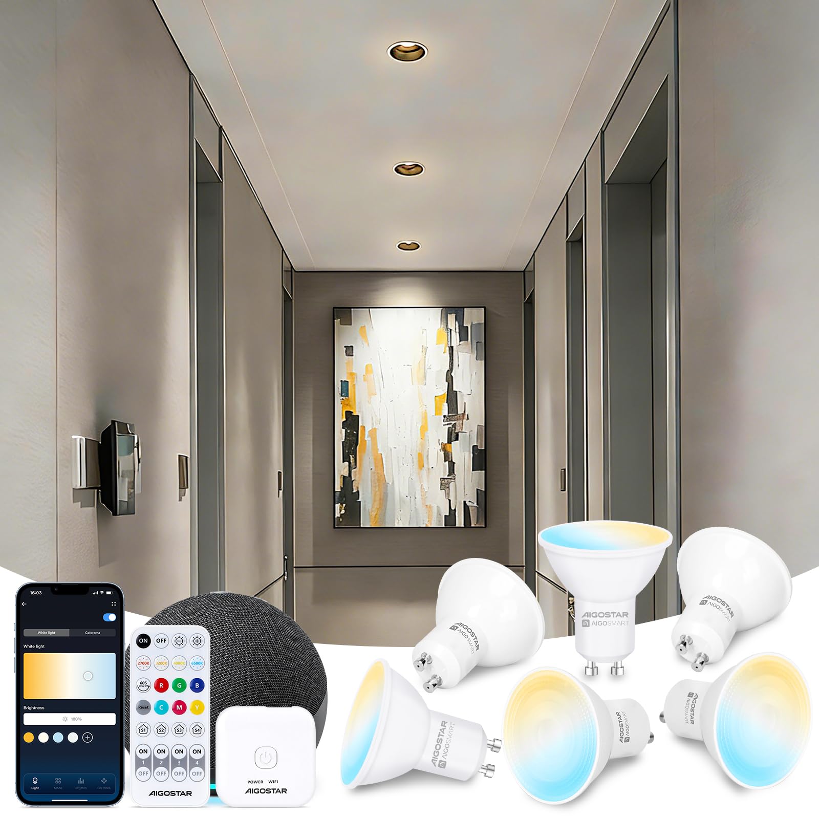 Aigostar Mesh - 6.5W GU10 Alexa Glühbirne Bluetooth Mesh, Smarte Glühbirne Funktioniert mit Alexa, GU10 LED Smart Bulb 555LM CCT(2700K-6500K), 6 Stücke (mit Bluetooth-Fernbedienung und Gateway)