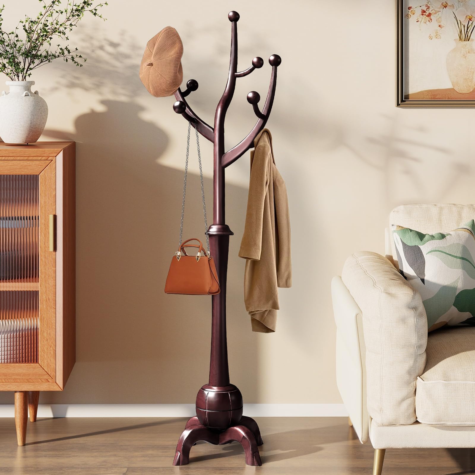 – Heavy Duty Solid Wood Coat Stand, 8-Hook Freestanding Coat Rack with Weighted Stable Base, 73kg Load Capacity, Tree Branch Design for Hallway, Entryway & Bedroom