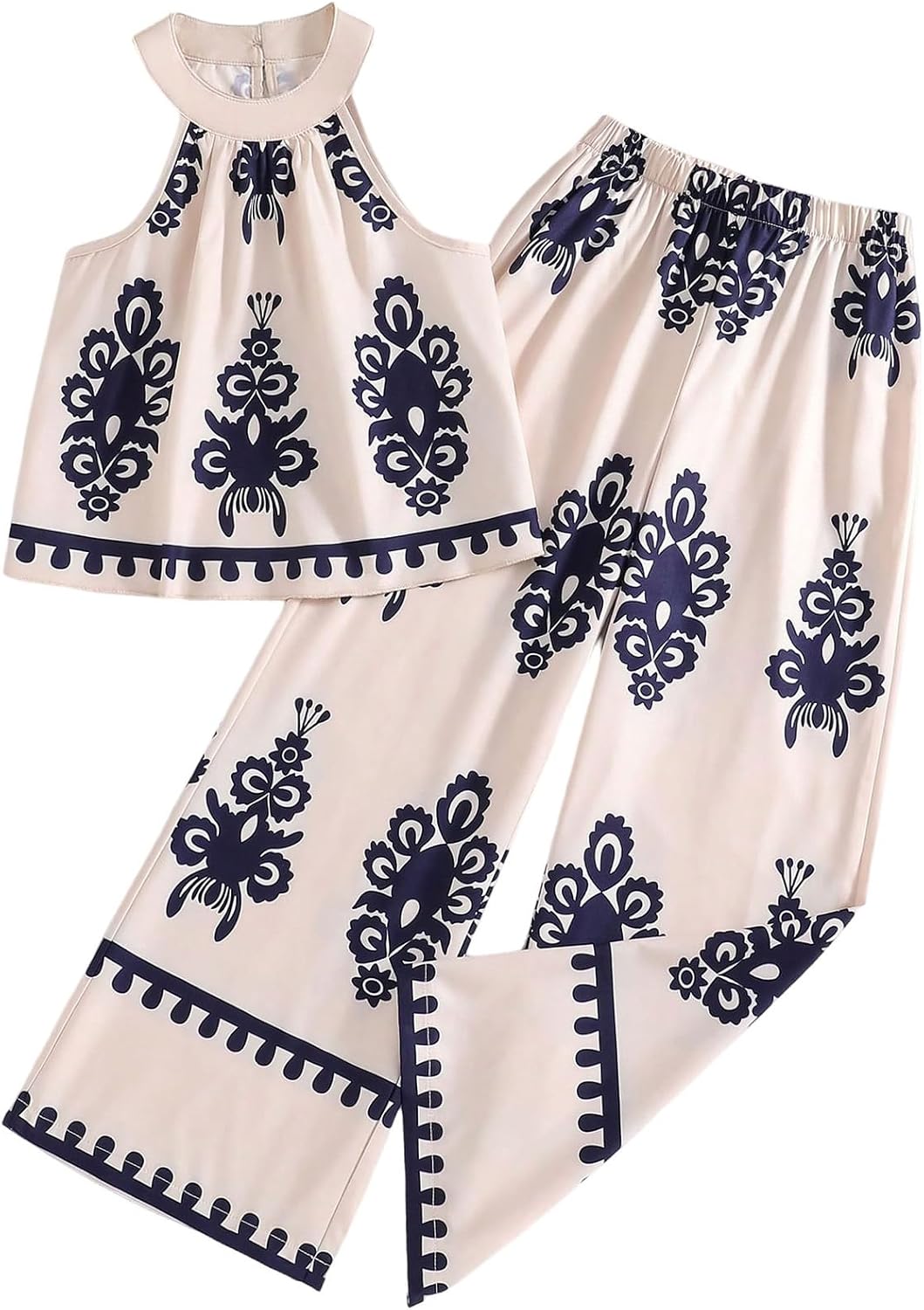 Floerns Girl's 2 Piece Tropical Vacation Outfit Graphic Halter Tops with Boho Pants Sets