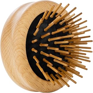 REMOS Mini Hair Brush Foldable with Wooden Beech Wood Pin Round Compact Detangling Brush