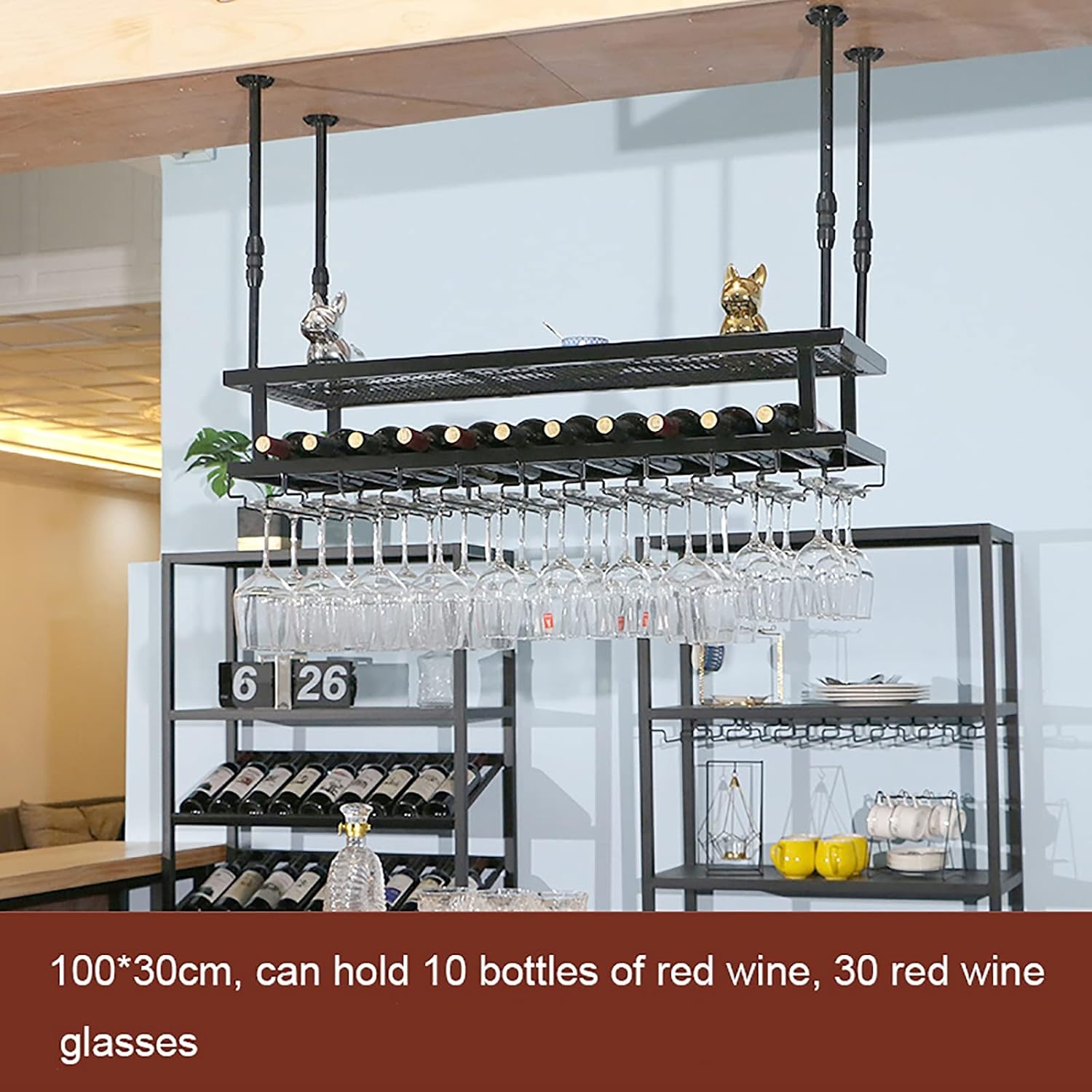 Hanging Wine Glass Holder Industrial Hanging Black Wine Rack with Glass Holder,Adjustable Ceiling Bar Wine Glass Rack,2 Tier Floating Shelf,for Display,Storage and Decor