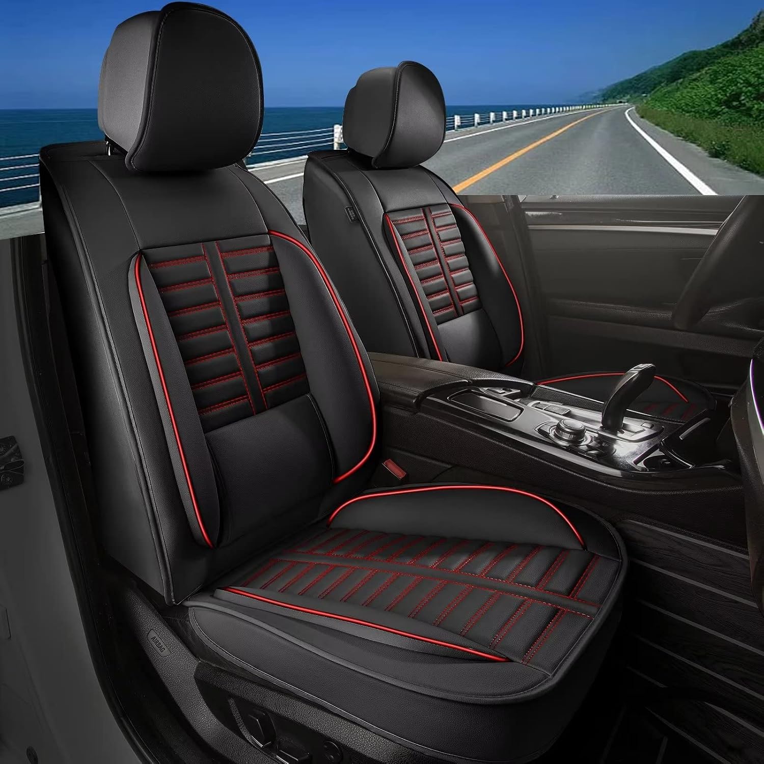 IKABEVEM 2PCS Front Seat Covers Fit for Hyundai Veracruz 2007-2012 Faux Leather Seat Cover Car Seat Cushion Protector (Black & Red Line)