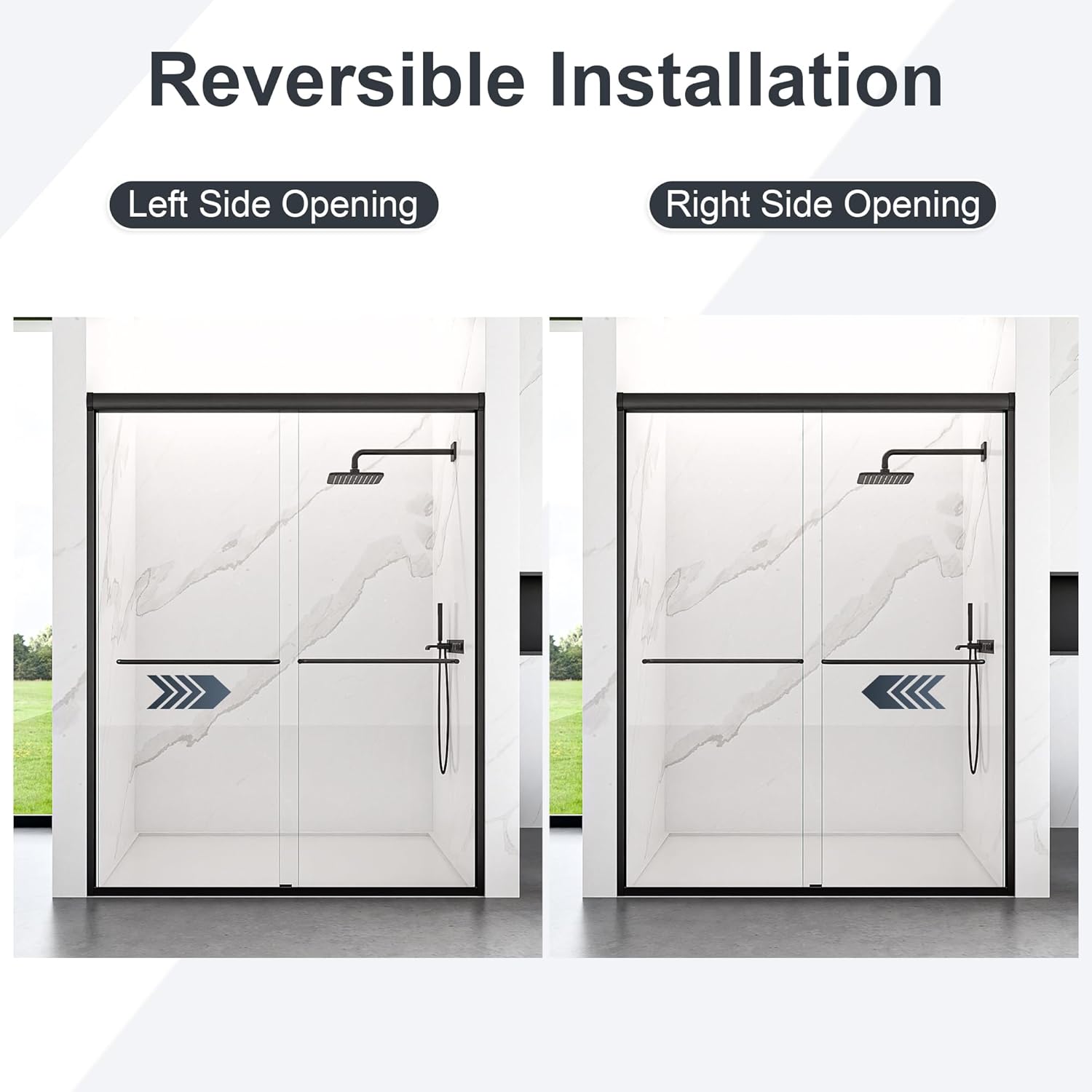 Bathroom Double Sliding Shower Door, Modern Bypass Tempered Glass Shower Door with Aluminum Alloy Frame and Stainless Steel Pull Handle, 56" - 60" W x 72" H, 1/4" (6mm) Thick, Matte Black