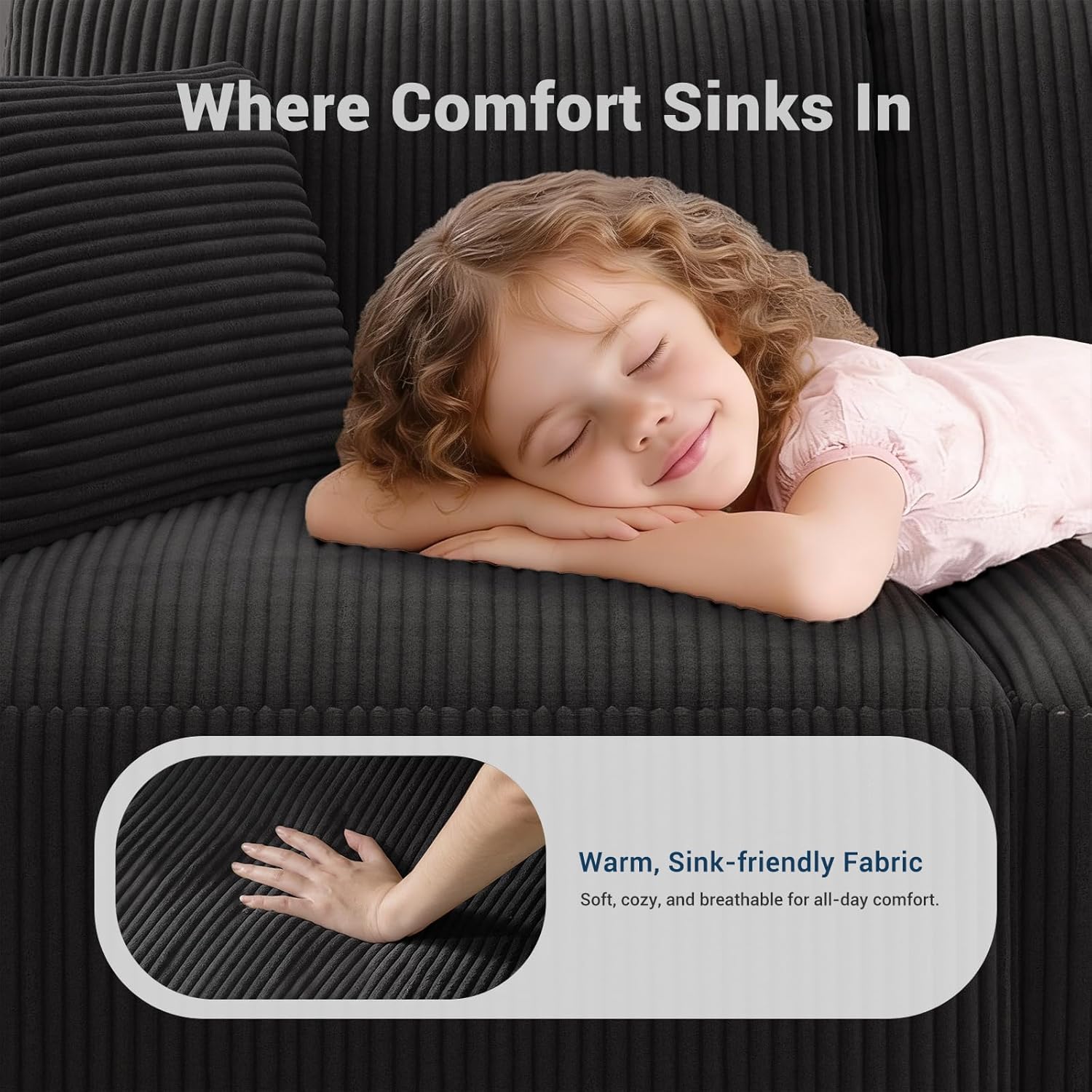 Modular Loveseat Cloud Couch, 79" Memory Foam Boneless Double Sofa, Cozy Upholstered Corduroy Frameless Furniture, No Assembly Required Small Couch for Apartment Living Room Office, Black