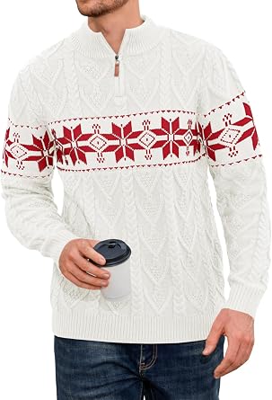 Makkrom Mens Ugly Christmas Sweater Quarter-Zip Pullover Mock Neck Sweater | Snowflake Knit Design, 1/4 Zip, Work Dress Sweater,Casual Business Knitwear, Fall Winter Fashion