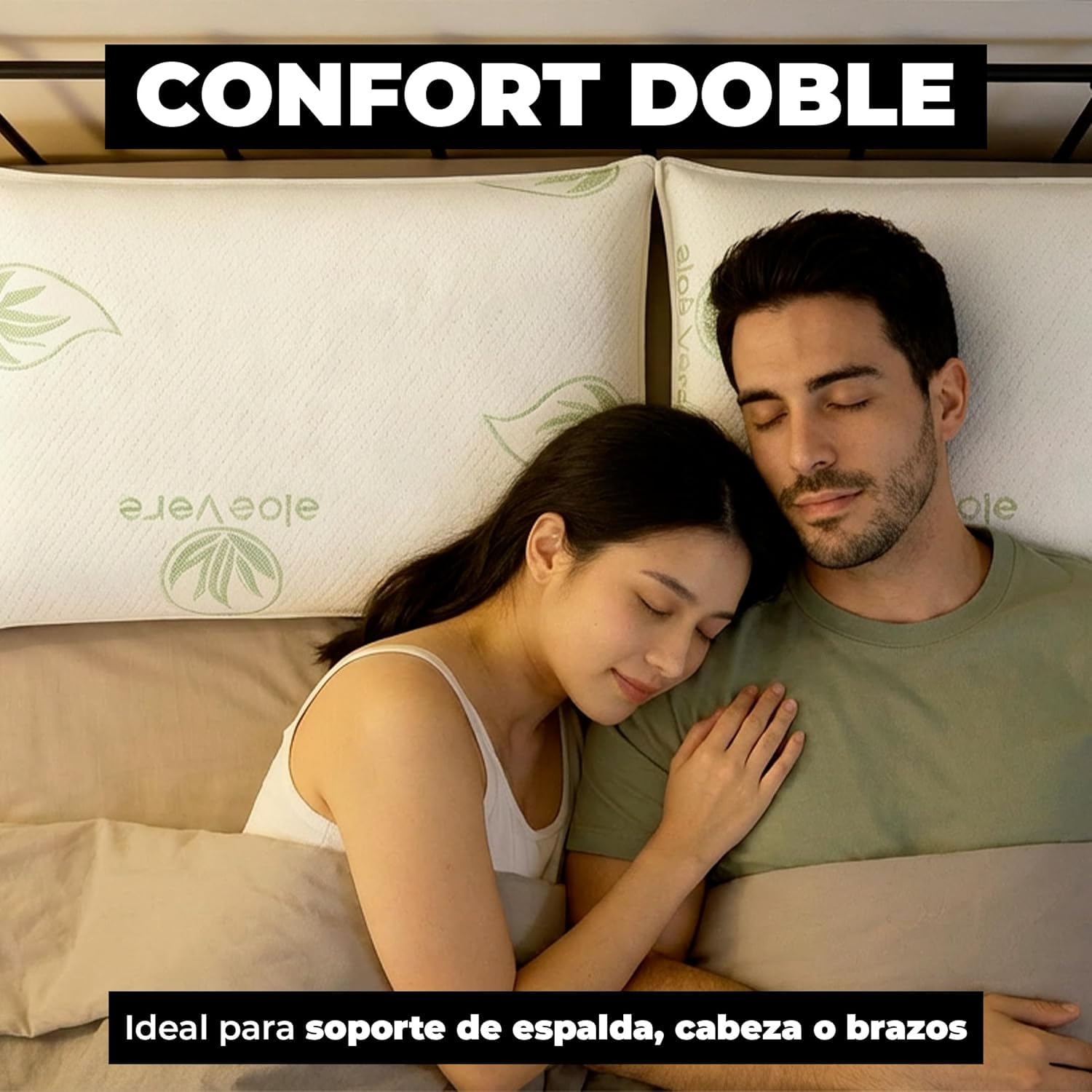 Pack de 2 Almohadas Viscoelasticas Copos Aloe Vera Transpirable Hipoalergenica Firmeza Media Adaptable Cuello Cervical Anti Calor Lavable Desenfundable Confort Dormir Lado Espalda 90 Cm