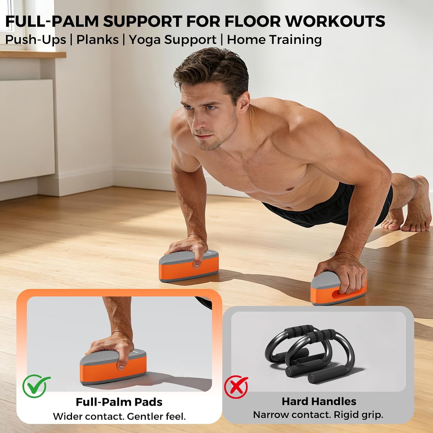 Push Up Handles for Floor, High-Density EVA Full-Palm Pads, Pair | Firm EVA cushioning with textured top and bottom, adjustable hand spacing, compact storage, and exercise guide included