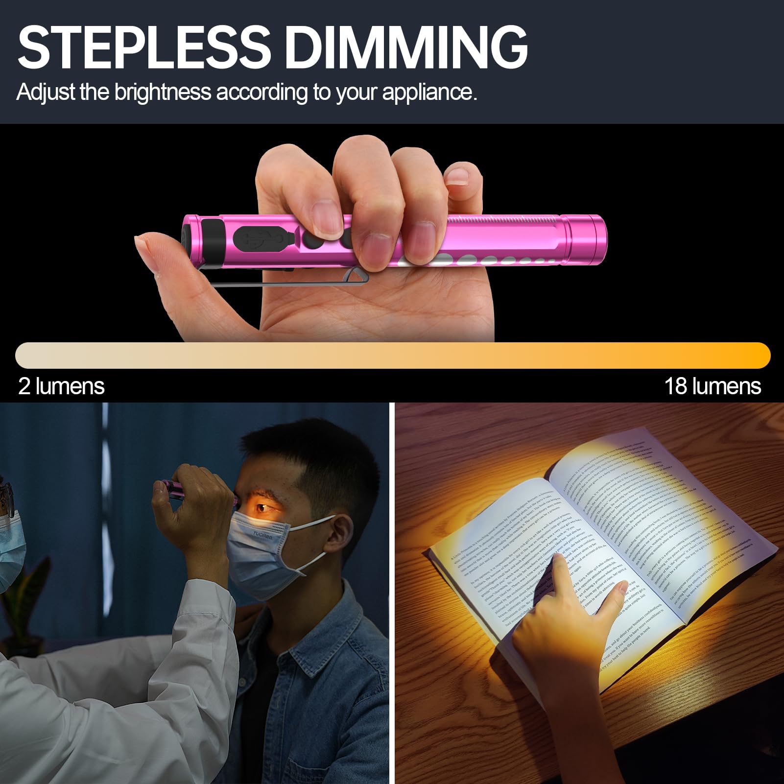Lampa diagnostyczna, medyczna, z możliwością ponownego ładowania, z kablem USB, ciepła / zimna biel i bezstopniowe ściemnianie, przenośna, aluminiowa, medyczna lampa źrenicy z klipsem (różowa)