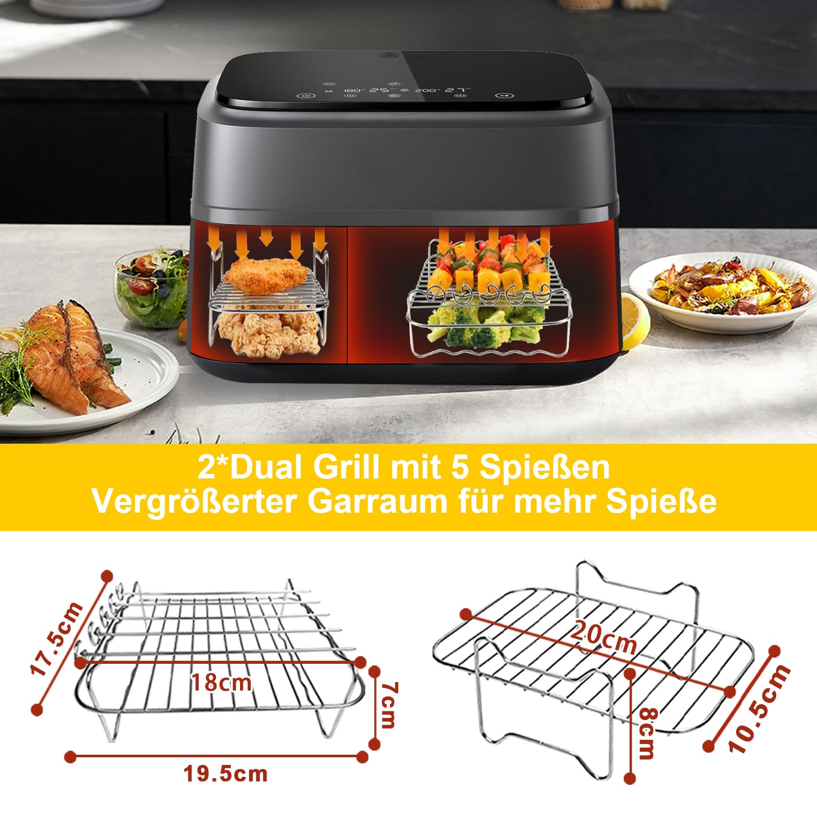 YINGRACE Airfryer akcesoria do Philips Airfryer Dual Basket 3000 Series NA350, 5000 Series NA550, 8 szt. z silikonową formą, ruszt do grillowania, blachy do tostów, forma do muffinek zamiast papieru