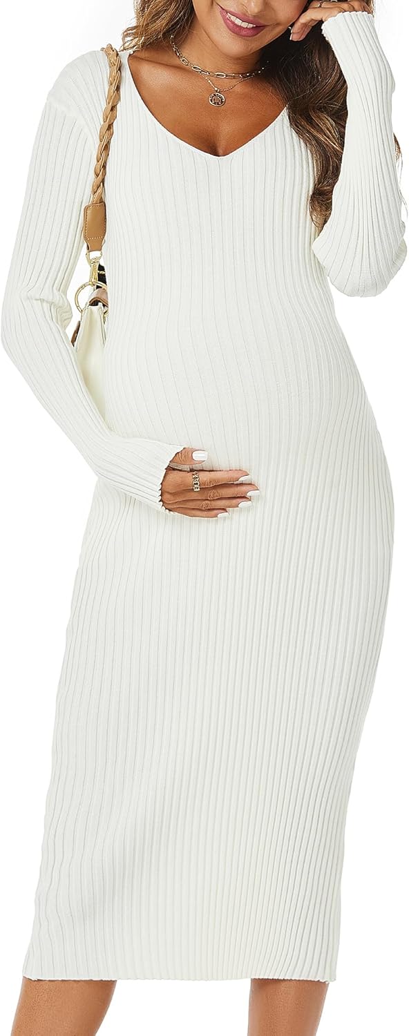 Maternity Dress Long Sleeve V Neck Knit Stretchable Sweater Dresses Pregnancy Clothes for Photoshoot Baby Shower