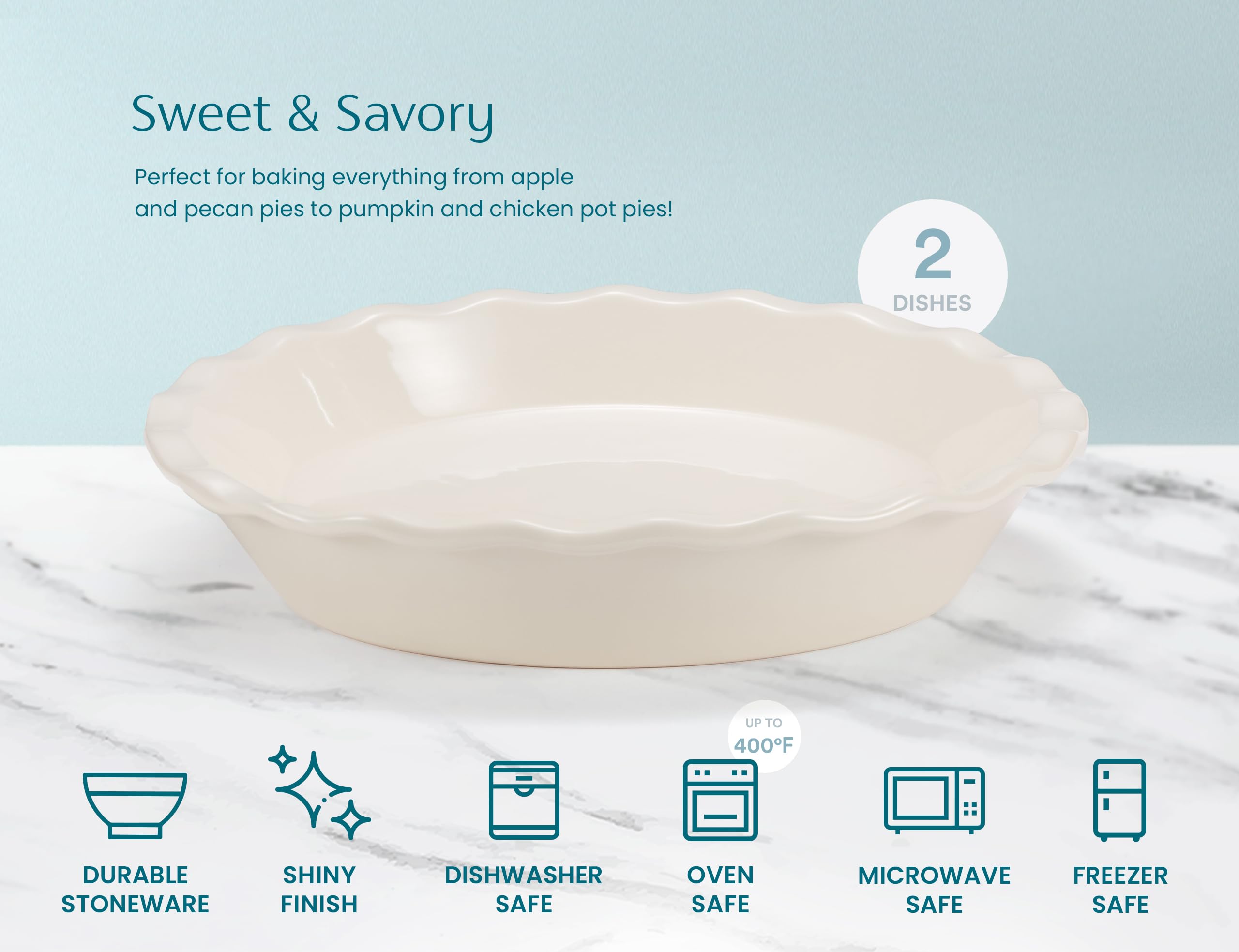 KooK Kuchenform, Keramik, wiederverwendbar, rund, Quiche-Backform, tief, Wellenkante, für Kuchen, Torten, Aufläufe, Torten, Mikrowelle, Backofen und Spülmaschine, 22,9 cm, 1020 ml, elfenbeinfarben, 2