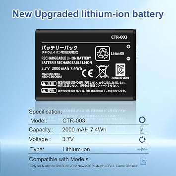 3DS 2DS Battery, 2026 Upgrade Li-Ion Battery Replacement (1 Count)- 2000mAh Longest Lasting, Ultra Performance with Repair Tool for Nintendo Old 3DS/ 2DS/ NEW2DS Gaming Console (Black, CTR-003,A)