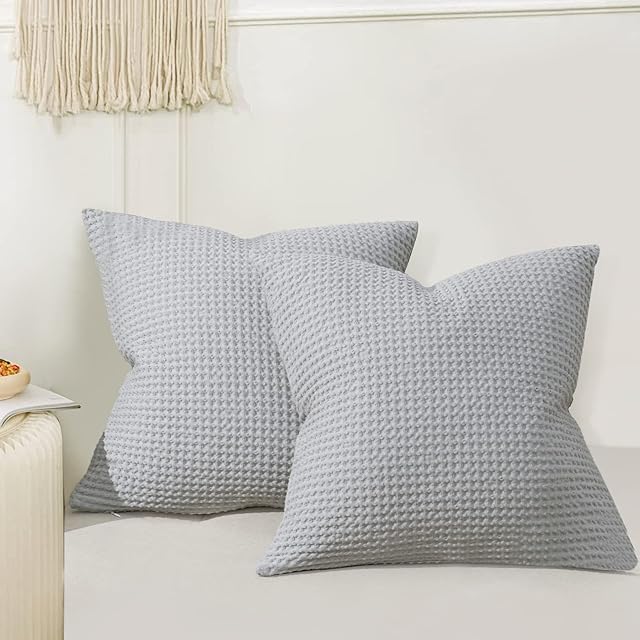 PHF 100% Cotton Waffle Weave Throw Pillow Cover, 45 x 45cm, No Insert, 2 Pack Square Pillowcases Shell, Elegant Home Decorative Throw Pillow Covers for Bed Couch Sofa, Light Grey